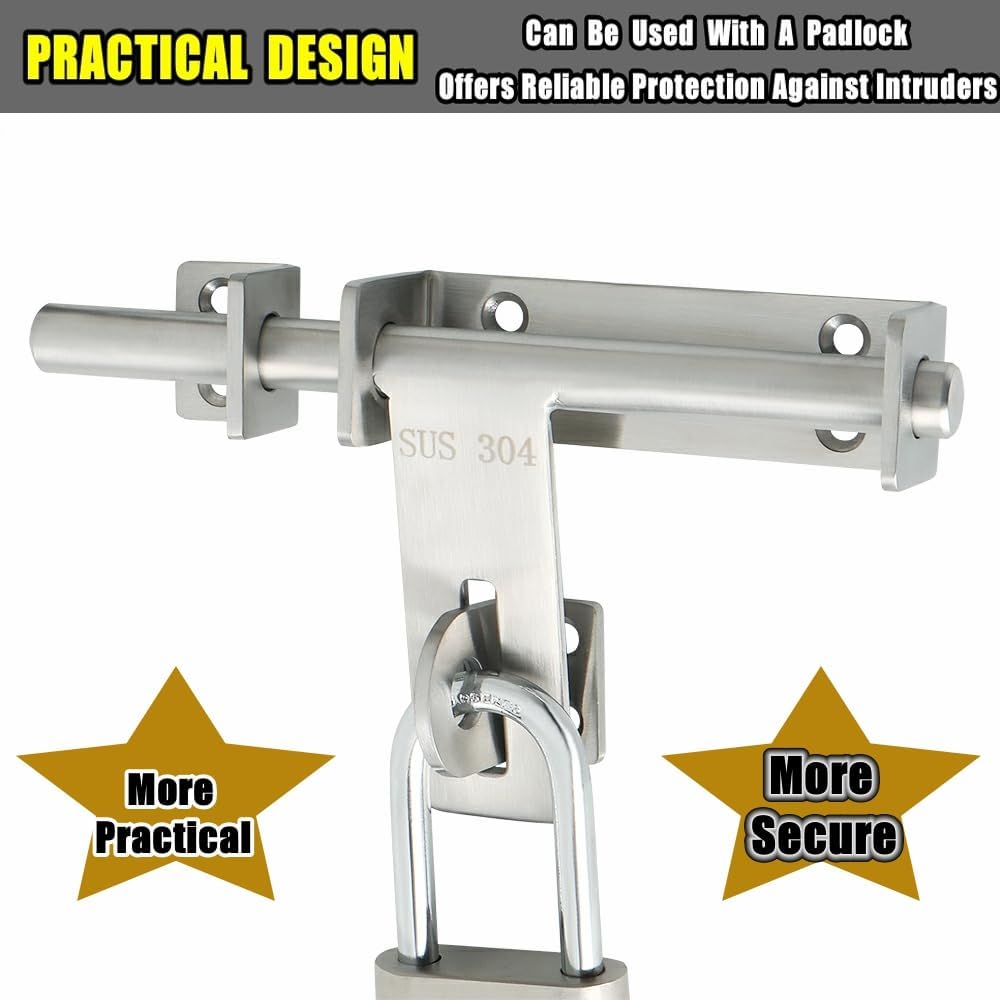 Heavy Duty Slide Bolt Gate Latch with Padlock, Double Sided Hardware for Fence Gate - Solid Stainless Steel Brushed Latches