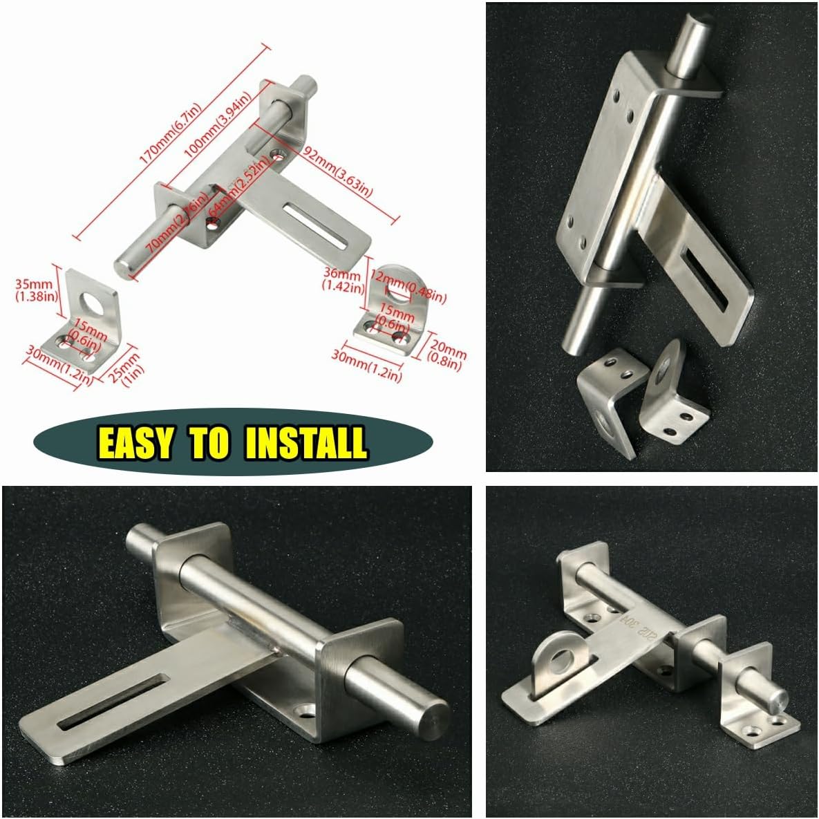 Heavy Duty Slide Bolt Gate Latch with Padlock, Double Sided Hardware for Fence Gate - Solid Stainless Steel Brushed Latches