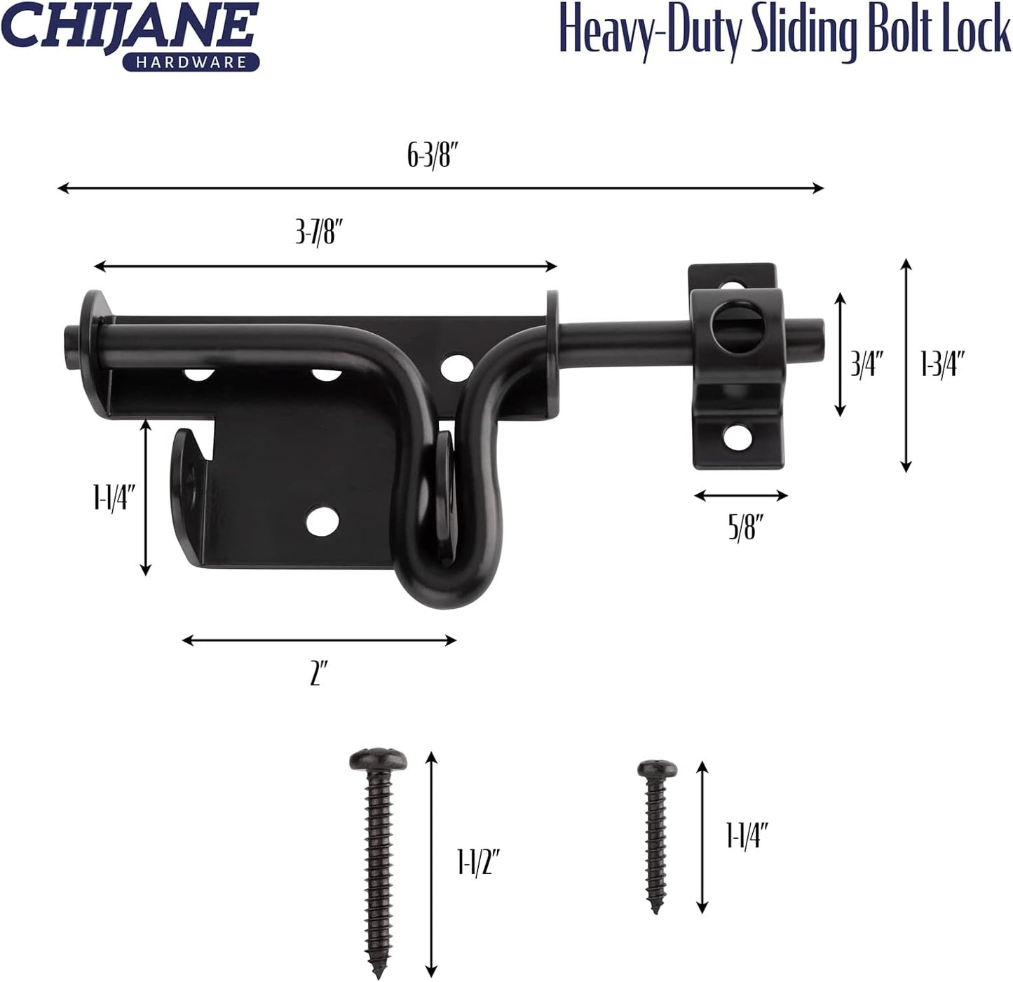 Heavy Duty Slide Bolt Gate Latch with Padlock Hole - Outdoor Gate Lock for Wooden Fences, Barns, Sheds, and Gardens - Black Finish