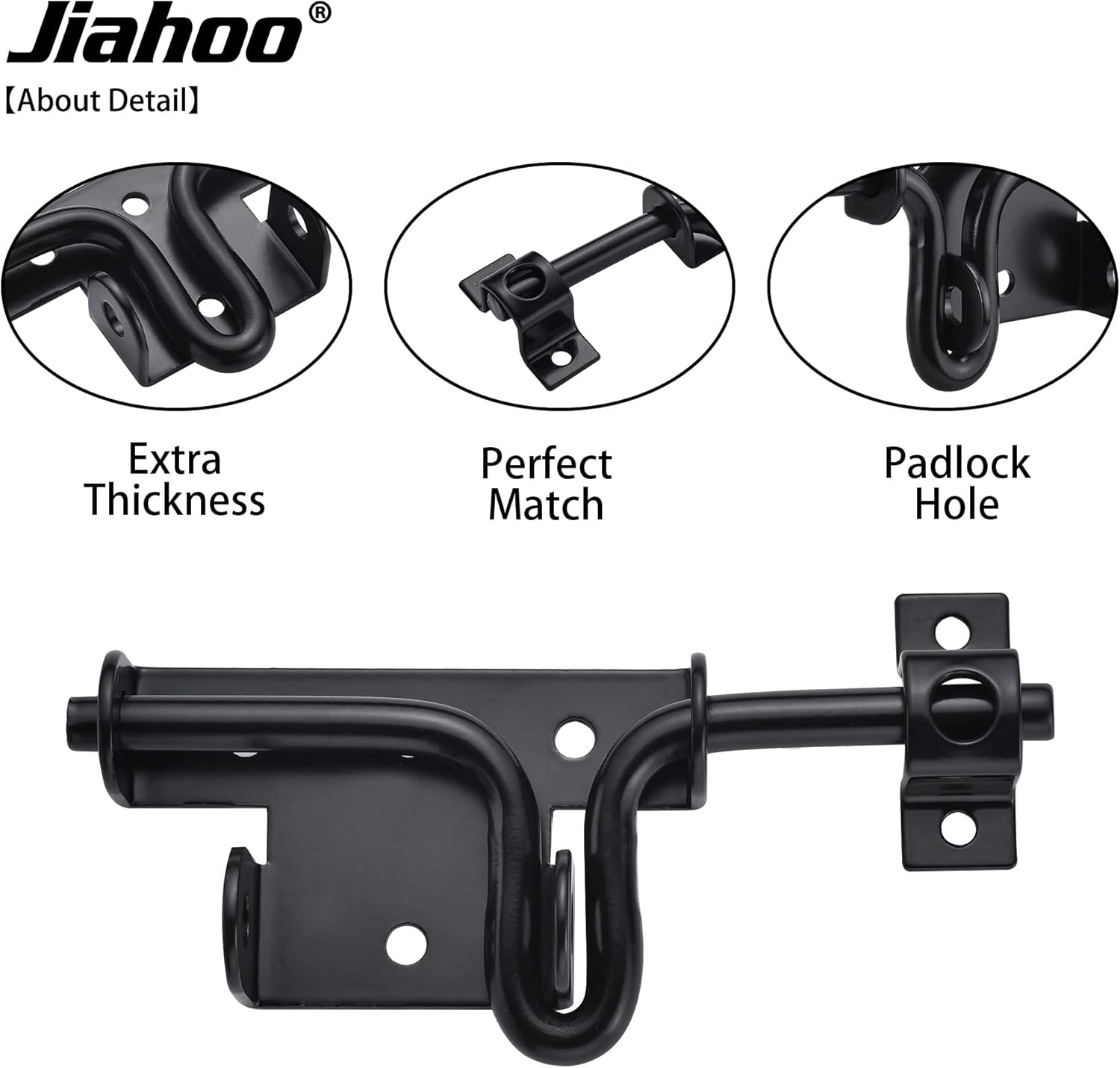 Heavy Duty Slide Bolt Gate Latch with Padlock Hole for Wooden Fence, Shed Door, PVC Fence - Thickened Steel, Black Finish