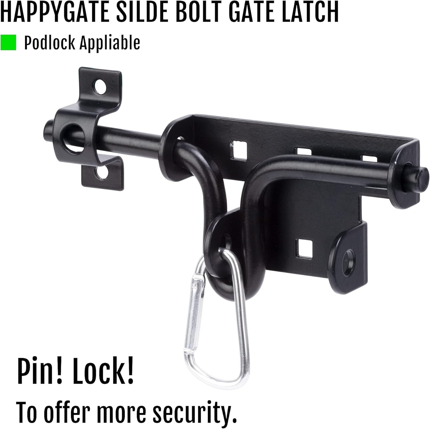 Heavy Duty Slide Bolt Gate Latch with Padlock Hole for Wooden Fence - Solid Steel Sliding Door Lock Hardware for Shed, Yard, Barn - Black