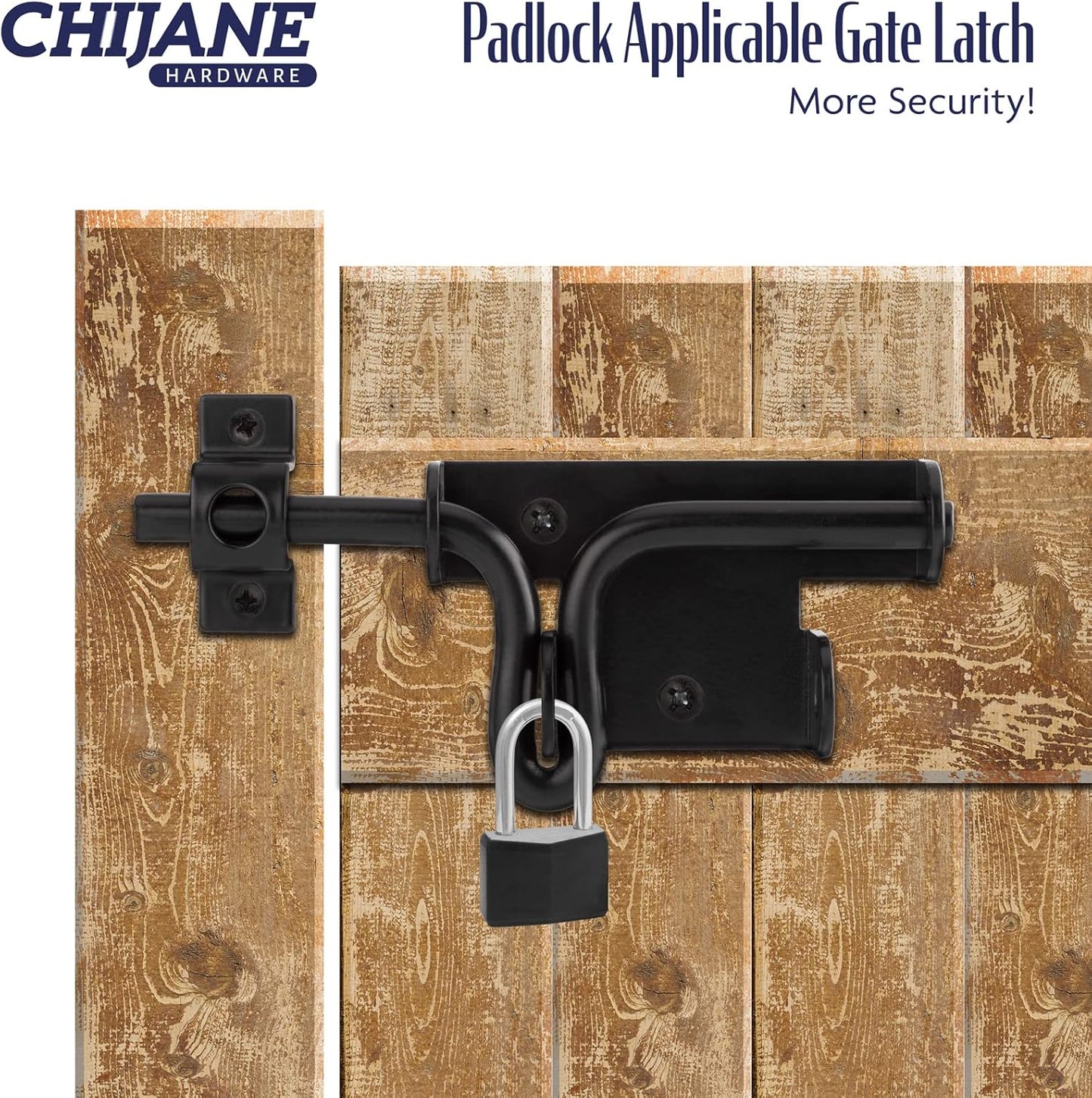 Heavy Duty Slide Bolt Gate Latch with Padlock Hole - Outdoor Gate Lock for Wooden Fences, Barns, Sheds, and Gardens - Black Finish