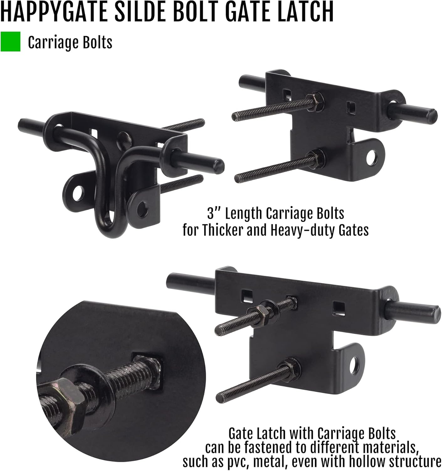 Heavy Duty Slide Bolt Gate Latch with Padlock Hole for Wooden Fence - Solid Steel Sliding Door Lock Hardware for Shed, Yard, Barn - Black