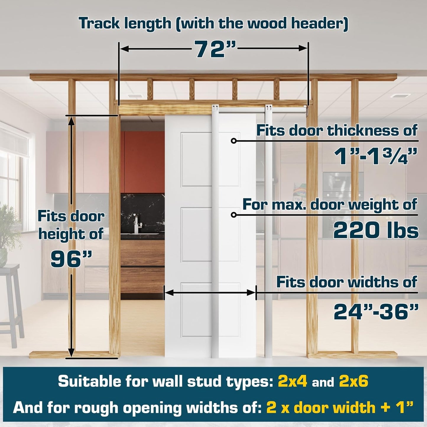 Heavy Duty Soft Close Pocket Door Frame Kit & Sliding Track Set for 24-36 X 96" Closet Doors - Villar Home Designs