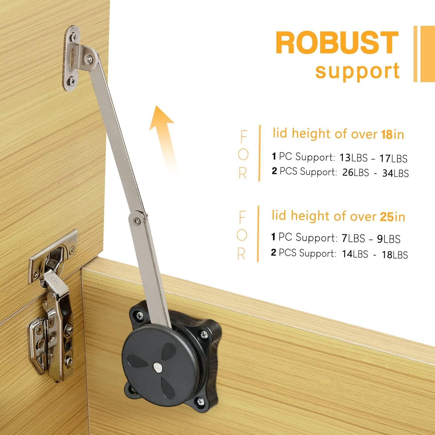 Heavy Duty Soft Close Toy Box Hinges - 26-34LBS Lid Stays, Easy Install, 90 Degree Opening - Black (Pair)