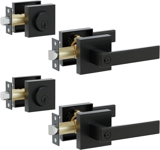 Heavy Duty Square Matte Black Door Lock Set with Keyed Entry Handle and Single Cylinder Deadbolt Combo - 2 Pack for Office and Home Security, Reversible for Right/Left Side