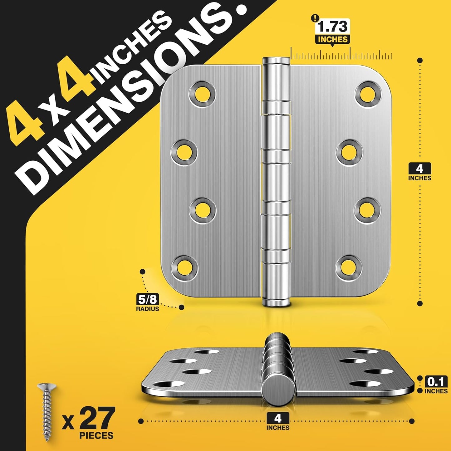 Heavy Duty Stainless Steel Ball Bearing Door Hinges, 4 x 4 Inches with 5/8'' Radius Corner, Smooth & Quiet Operation, Brushed Nickel Finish, 3 Pack