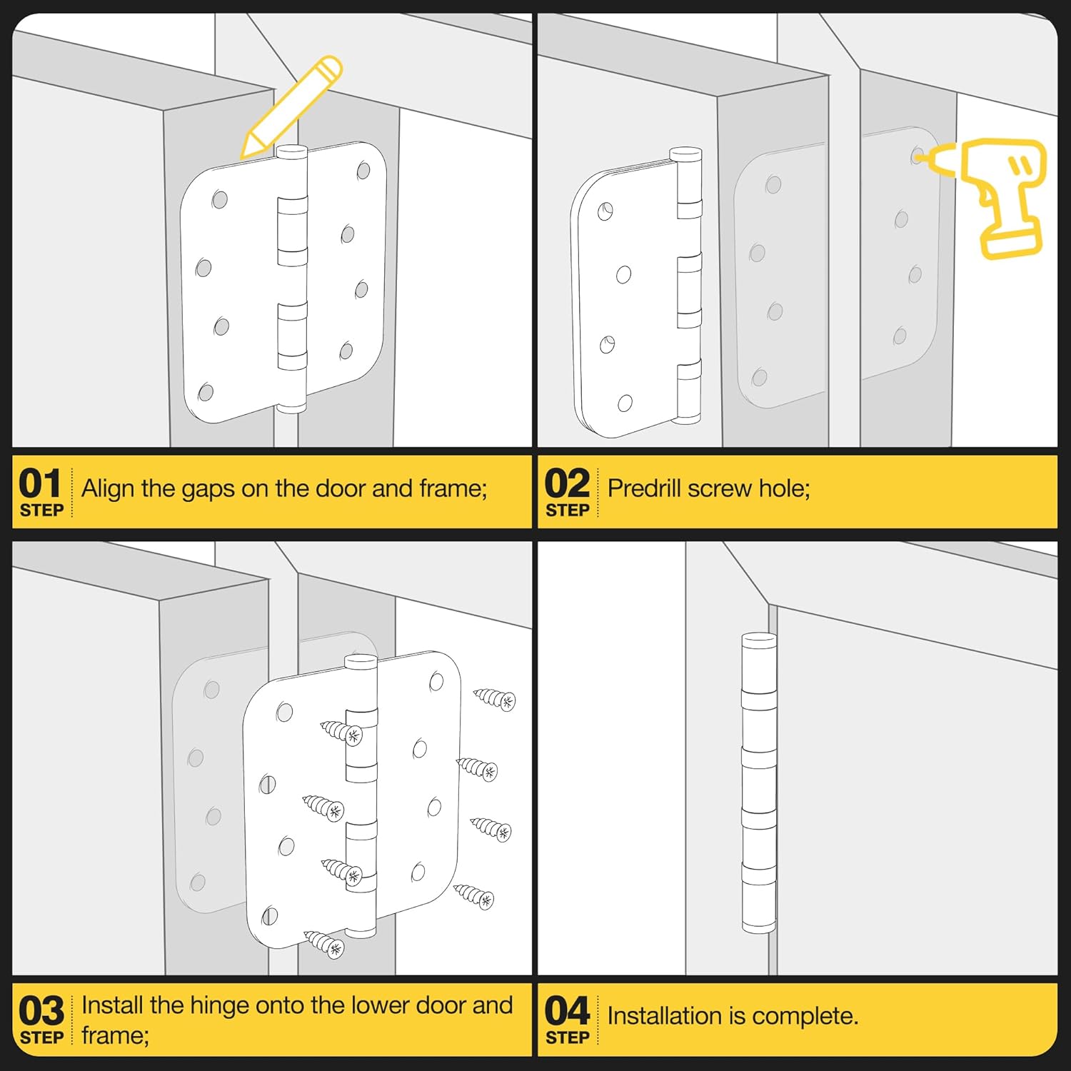Heavy Duty Stainless Steel Ball Bearing Door Hinges, 4 x 4 Inches with 5/8'' Radius Corner, Smooth & Quiet Operation, Brushed Nickel Finish, 3 Pack
