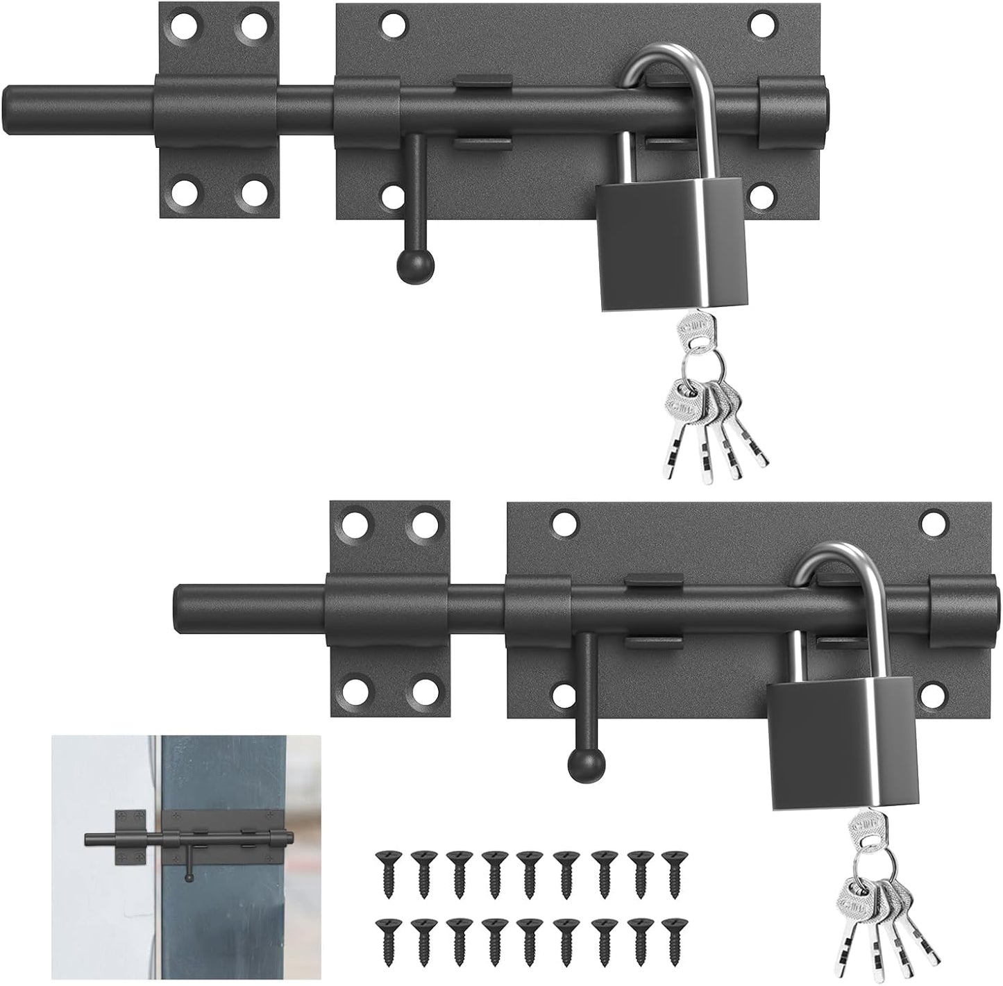 Heavy Duty Stainless Steel Barrel Bolt Latch Set with Padlock for Gates, Fences, Barns, Sheds, and Doors - 6.3 inch - 2 Pcs