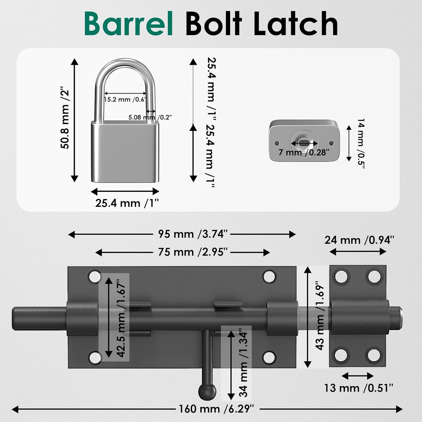 Heavy Duty Stainless Steel Barrel Bolt Latch Set with Padlock for Gates, Fences, Barns, Sheds, and Doors - 6.3 inch - 2 Pcs