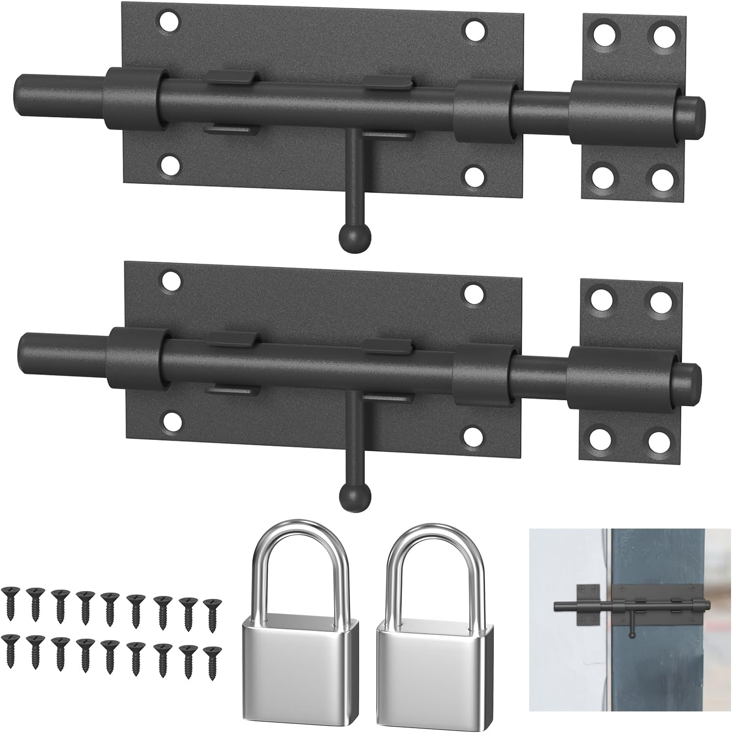 Heavy Duty Stainless Steel Barrel Bolt Latch Set with Padlock for Gates, Fences, Barns, Sheds, and Doors - 6.3 inch - 2 Pcs