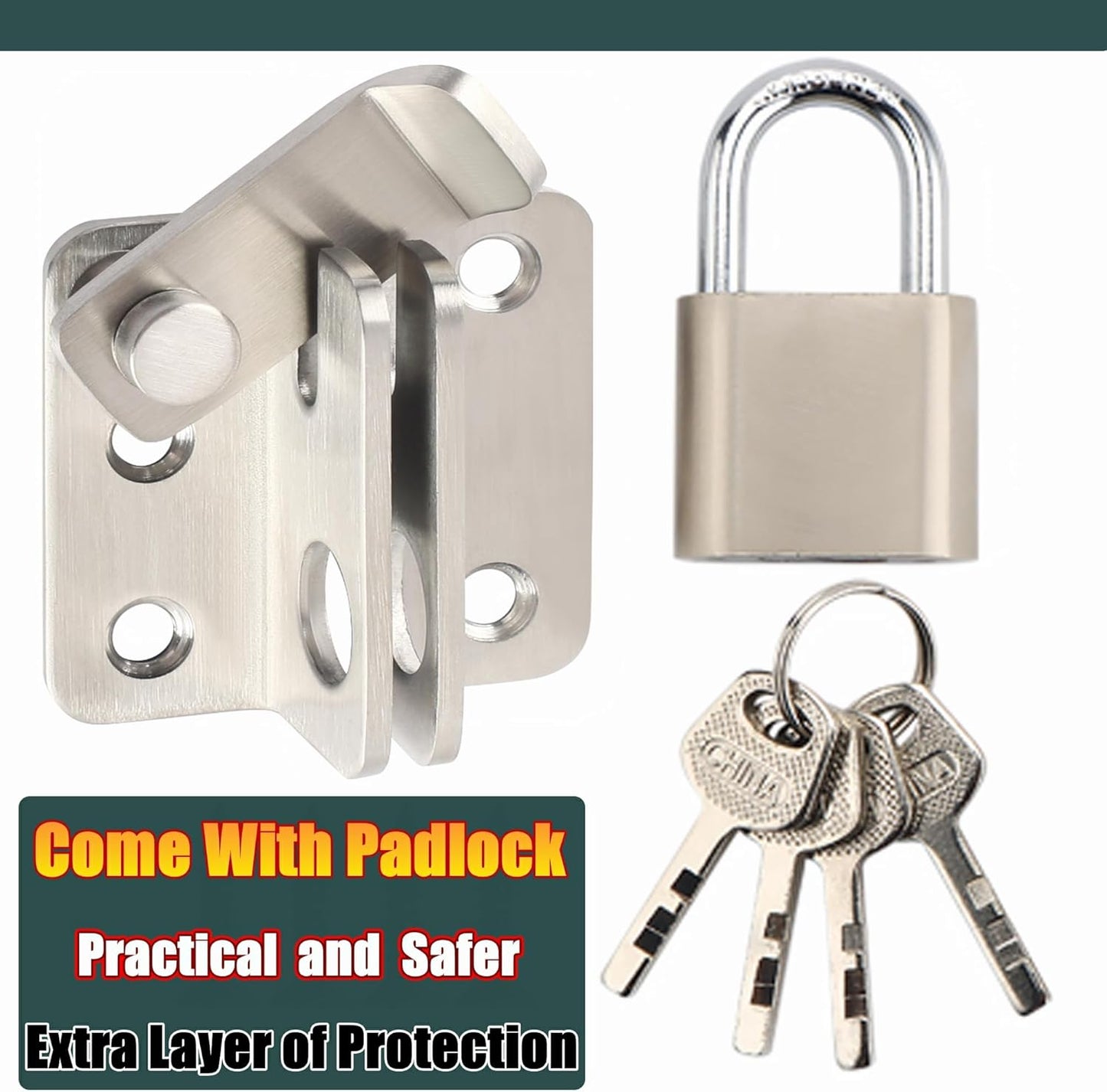 Heavy Duty Stainless Steel Brushed Gate Latch Set with Padlock for Barn Cabinet Pet Cage Garden Bathroom Garage Window Sliding Door - Alise Flip Latch