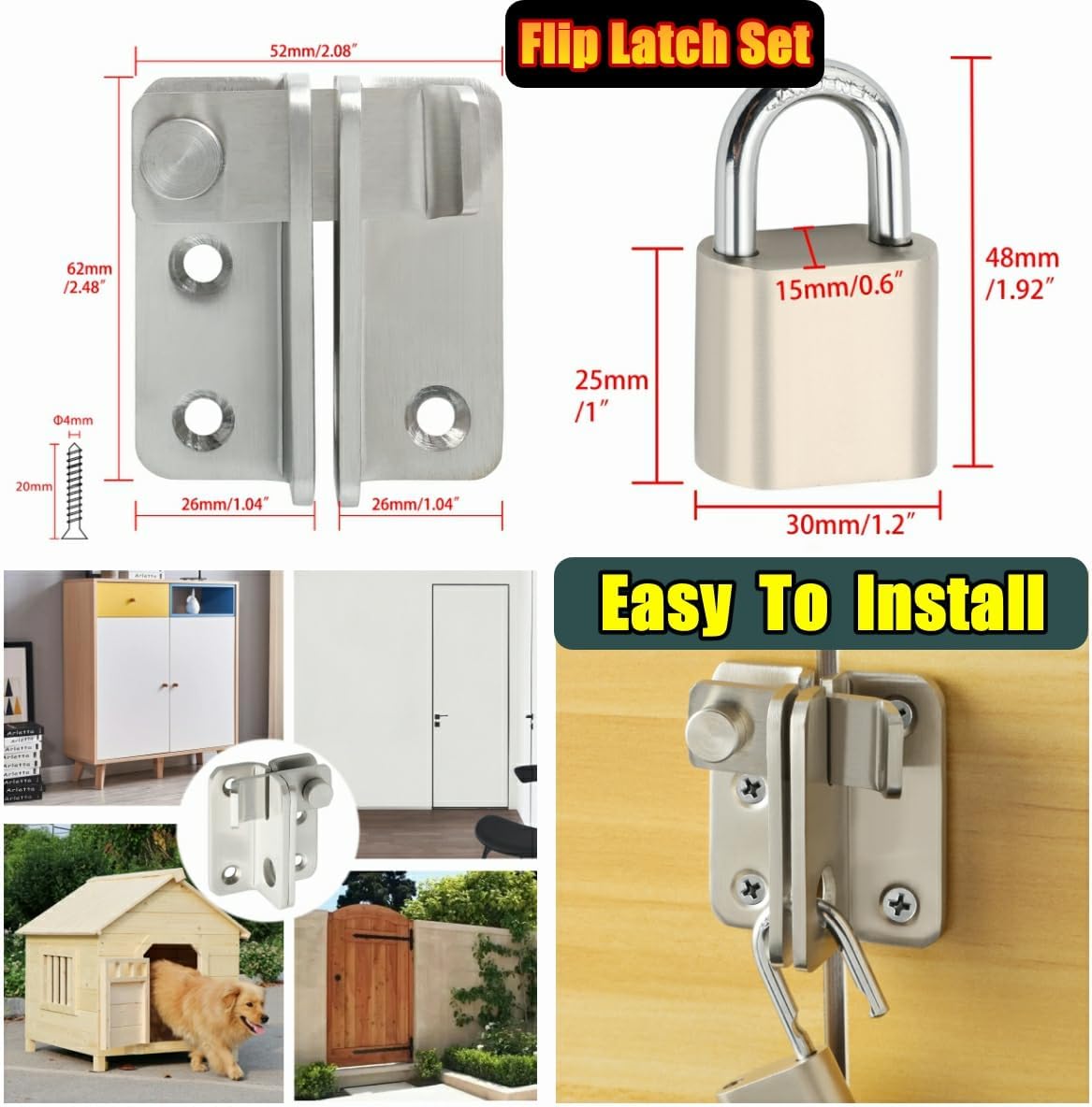 Heavy Duty Stainless Steel Brushed Gate Latch Set with Padlock for Barn Cabinet Pet Cage Garden Bathroom Garage Window Sliding Door - Alise Flip Latch