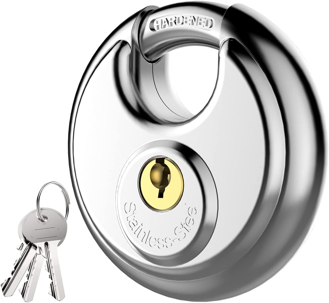 Heavy Duty Stainless Steel Discus Padlock with 3 Keys - Waterproof Outdoor Lock for Warehouse, Gym Storage - 3/8 Inch Shackle - 1 Pack - WildKart