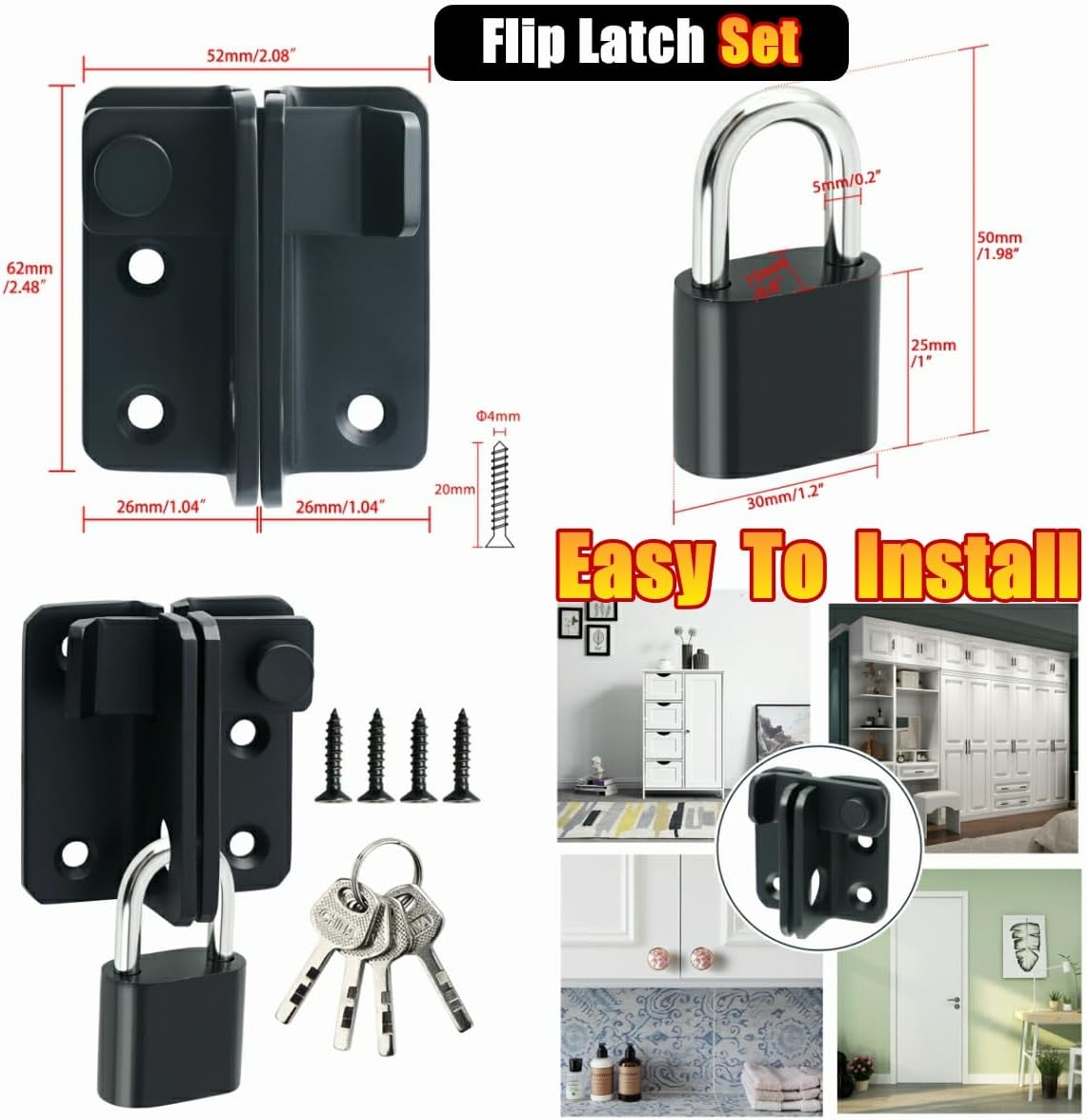 Heavy Duty Stainless Steel Matte Black Alise Flip Latch Gate Latches Set with Padlock - Ideal for Barns, Cabinets, Pet Cages, Gardens, Bathrooms, Garages, Windows, and Sliding Doors