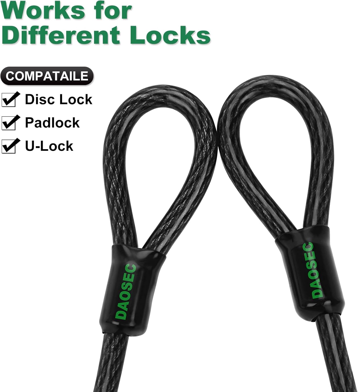 Heavy Duty Stainless Steel Padlock and 15-Foot Security Cable Kit for Equipment, Sheds, Gates - D-Shaped High Security Padlock