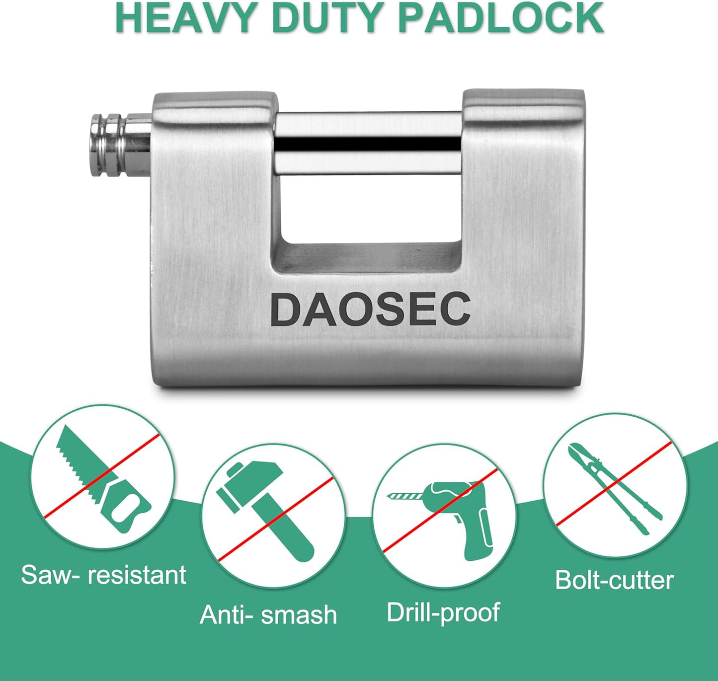 Heavy Duty Stainless Steel Padlock and 15-Foot Security Cable Kit for Equipment, Sheds, Gates - D-Shaped High Security Padlock