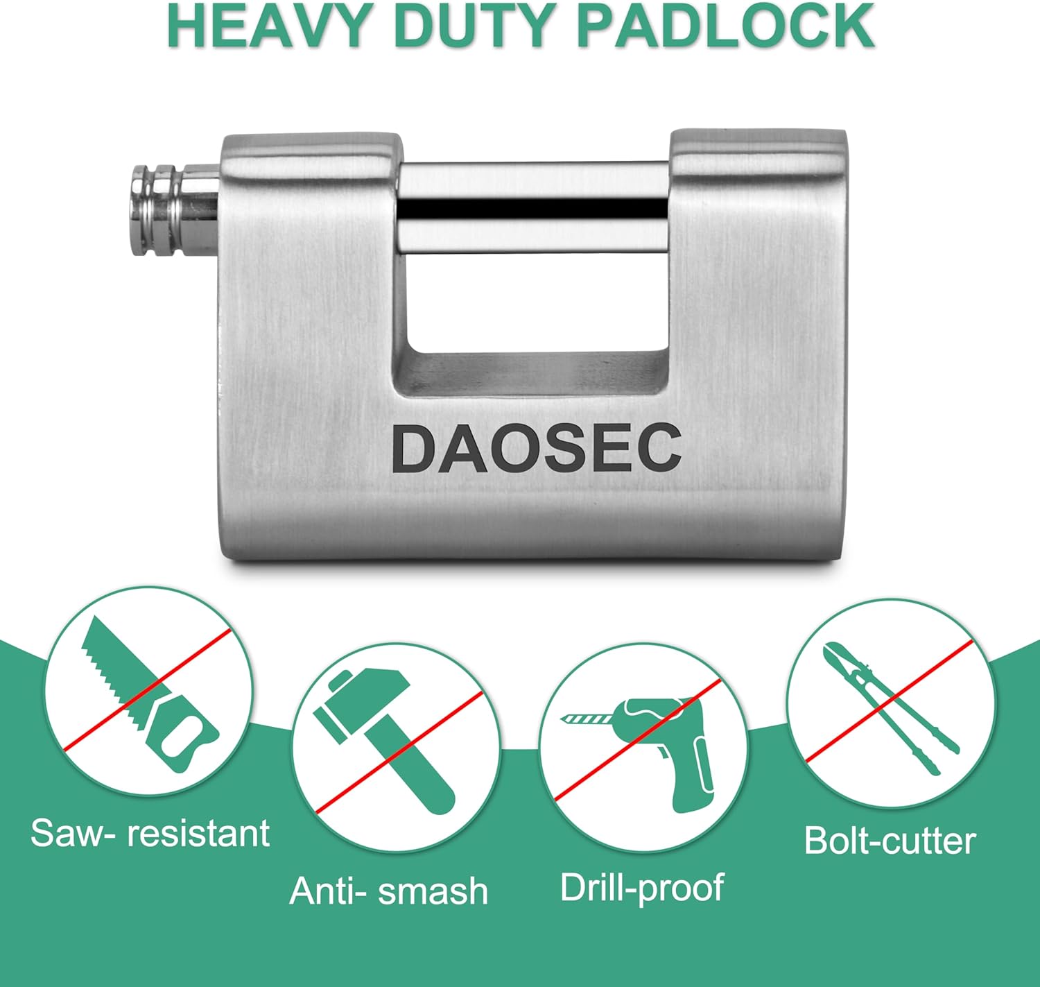 Heavy Duty Stainless Steel Padlock and 15-Foot Security Cable Kit for Equipment, Sheds, Gates - D-Shaped High Security Padlock