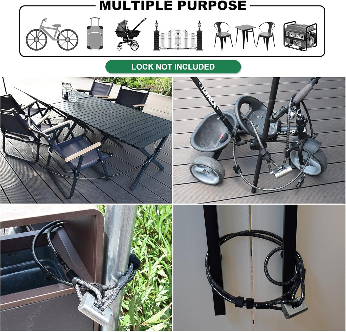 Heavy Duty Stainless Steel Padlock and 15-Foot Security Cable Kit for Equipment, Sheds, Gates - D-Shaped High Security Padlock