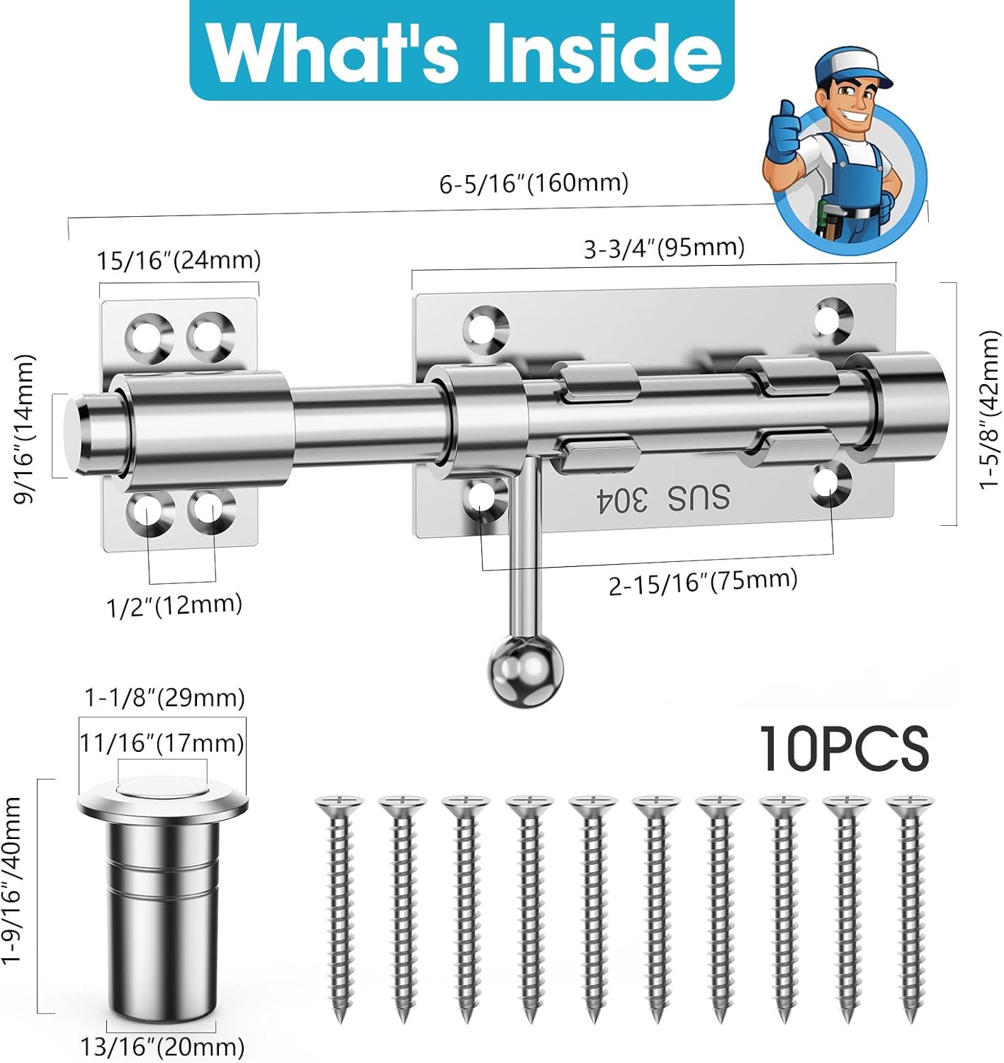 Heavy Duty Stainless Steel Slide Bolt Gate Latch Hardware for Wooden Fence/Shed Door - 6.3 Inch Barrel Bolt Latch - Indoor/Outdoor Use - Pack of 2