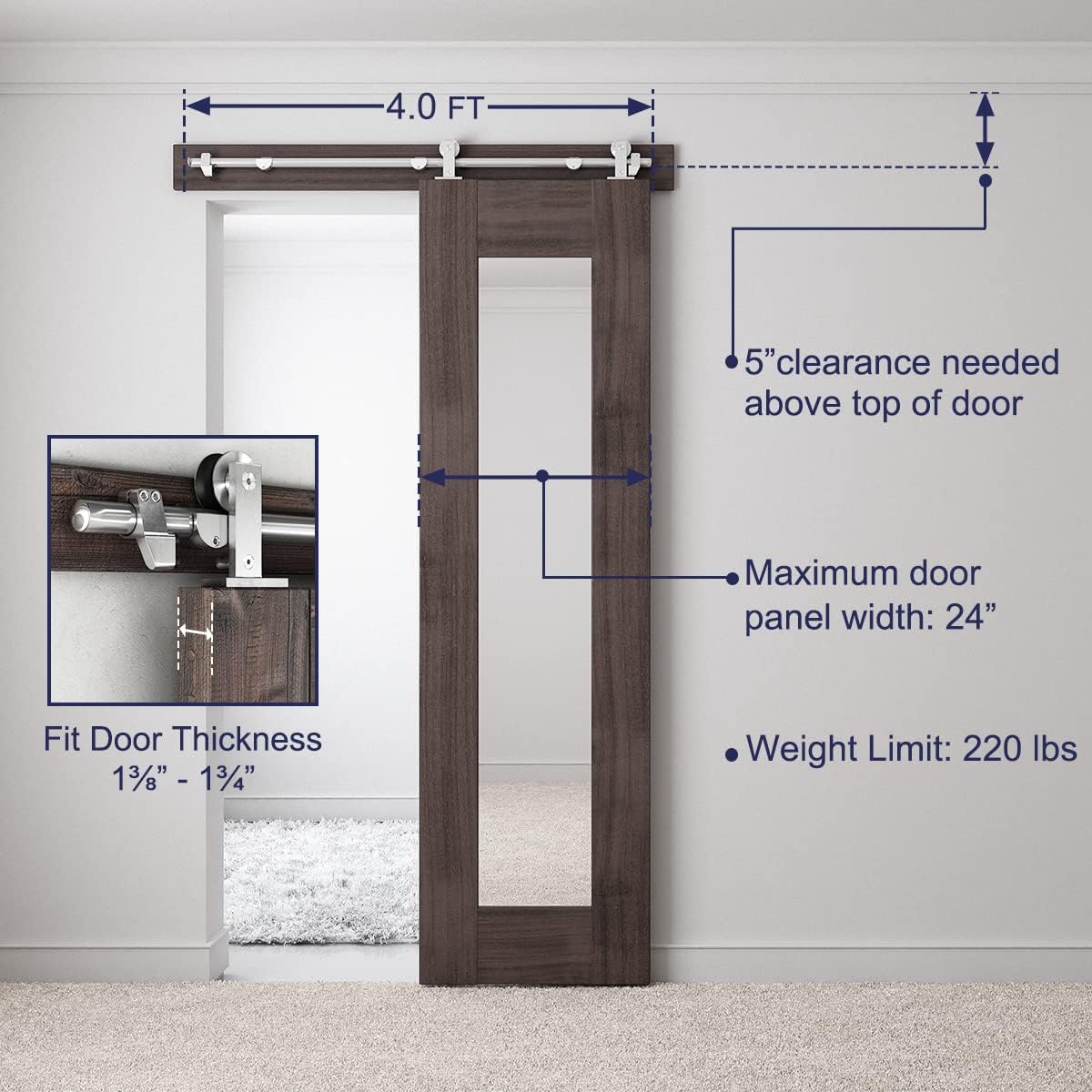 Heavy Duty Stainless Steel Sliding Barn Door Hardware Kit - 4 Feet Top Mount Track - Easy to Install - Fits 24" Wide Doors - T Shape Hanger - WildKart
