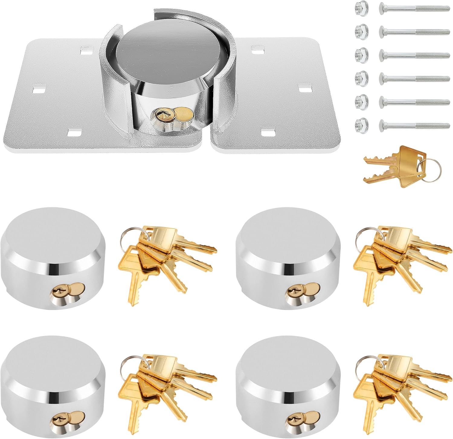 Heavy Duty Steel Puck Lock Set with Hidden Shackle - Keyed Alike - Ideal for Shipping Containers, Trailers, Trucks - 2-7/8" - Silver