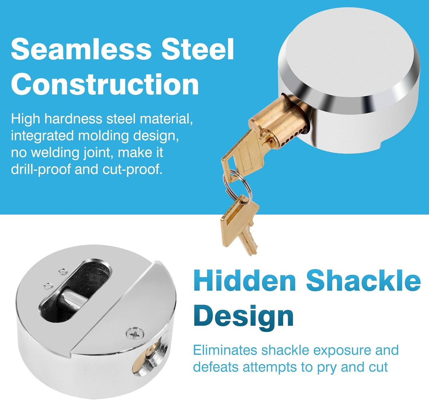 Heavy Duty Steel Puck Lock Set with Hidden Shackle - Keyed Alike - Ideal for Shipping Containers, Trailers, Trucks - 2-7/8" - Silver