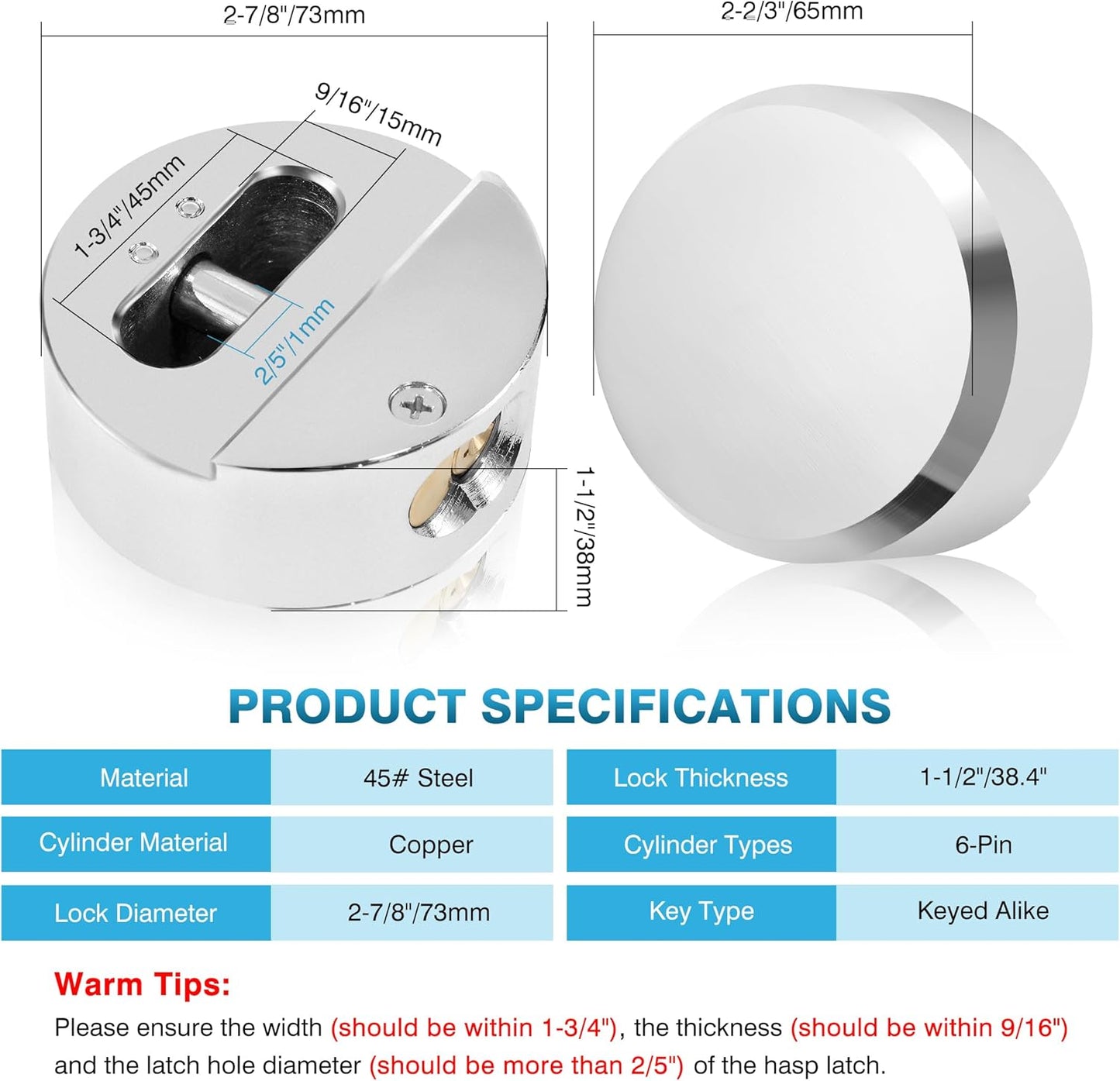 Heavy Duty Steel Puck Lock Set with Hidden Shackle - Keyed Alike - Ideal for Shipping Containers, Trailers, Trucks - 2-7/8" - Silver