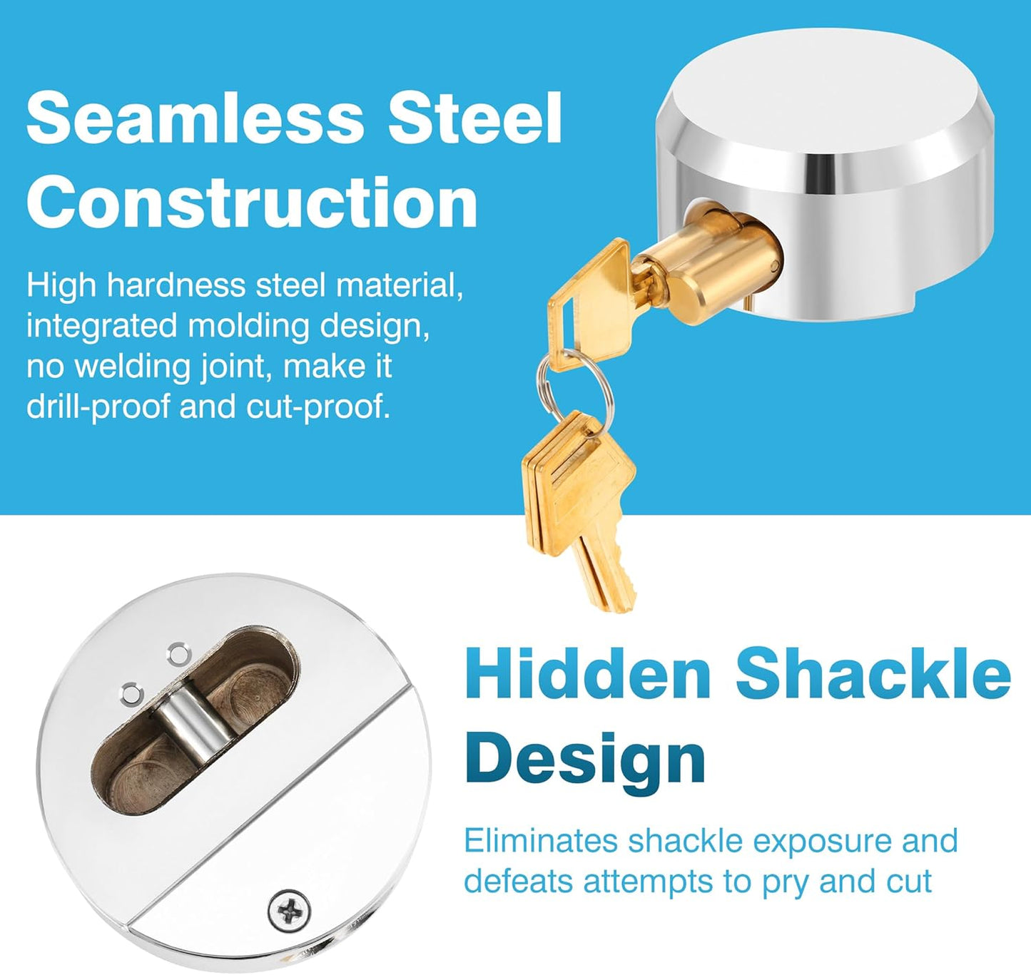 Heavy Duty Steel Puck Lock Set with Hidden Shackle - Keyed Alike - Ideal for Shipping Containers, Trailers, Trucks - 2-7/8" - Silver