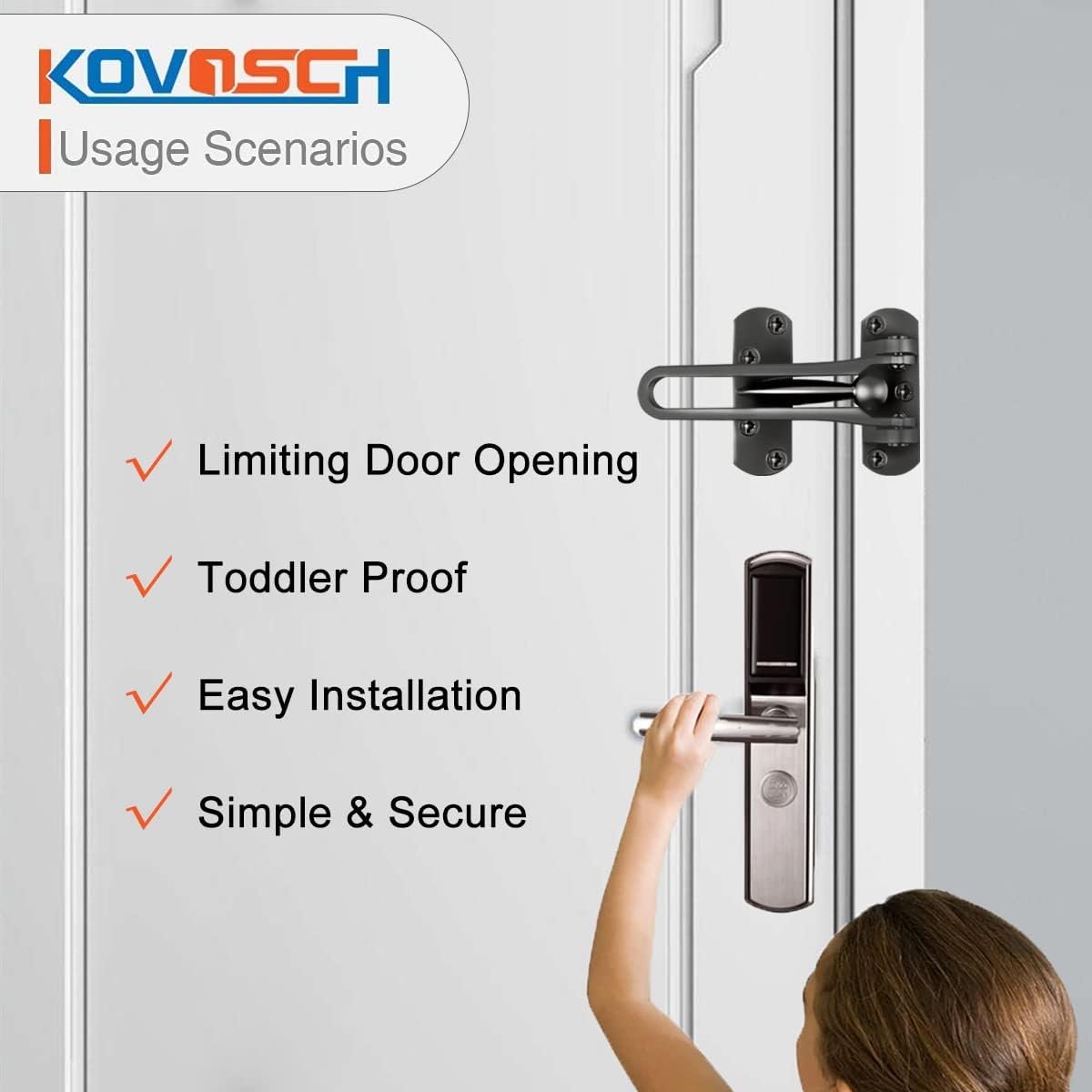 Heavy Duty Swing Bar Lock 4 Pack - Black Door Security Guard for Front Doors - Sturdy Zinc Alloy Kovosch Lock