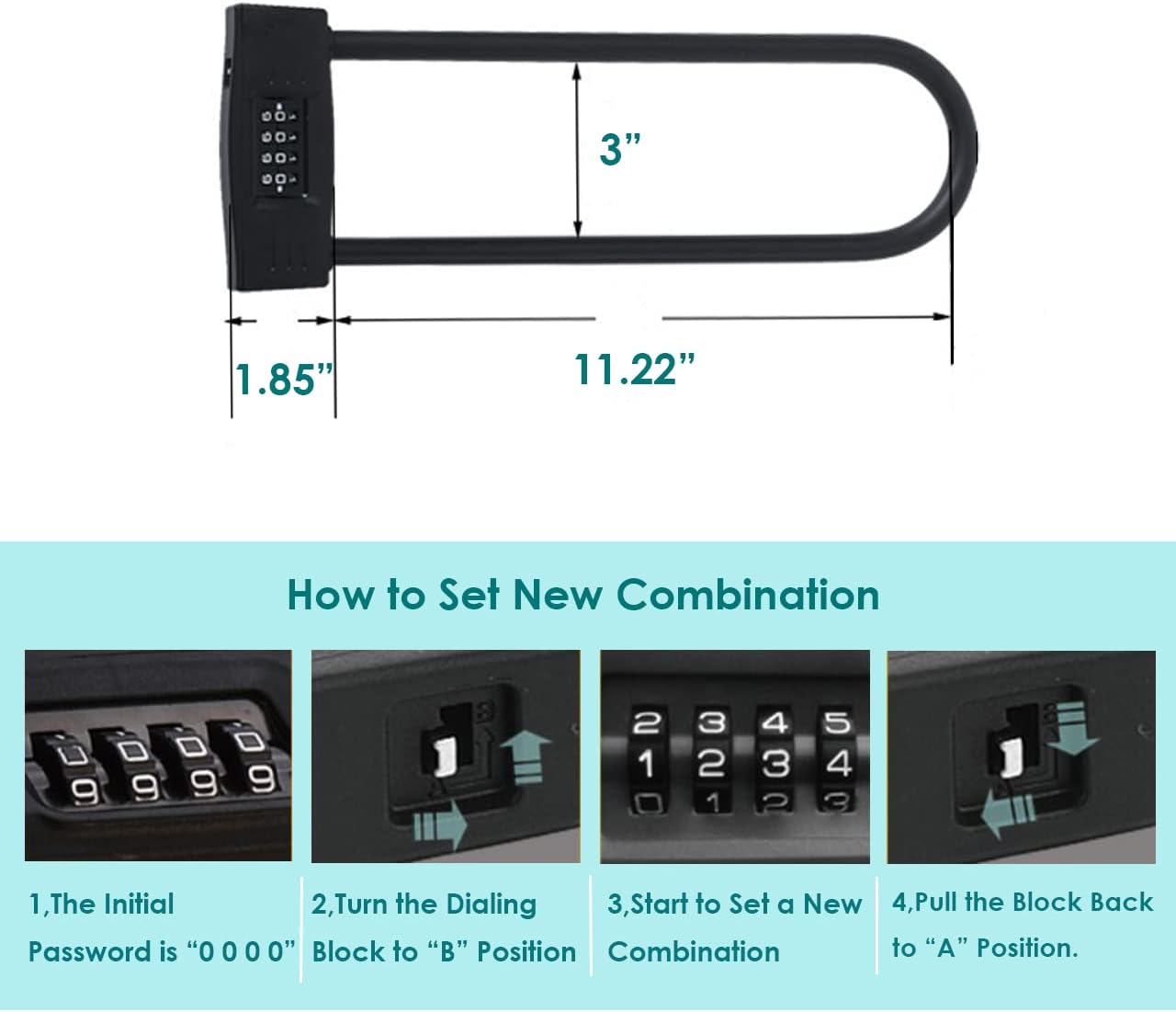 Heavy Duty U Shape Combination Lock with Long Shackle for Bike, Scooter, Glass Door, and Gate - Puyueo
