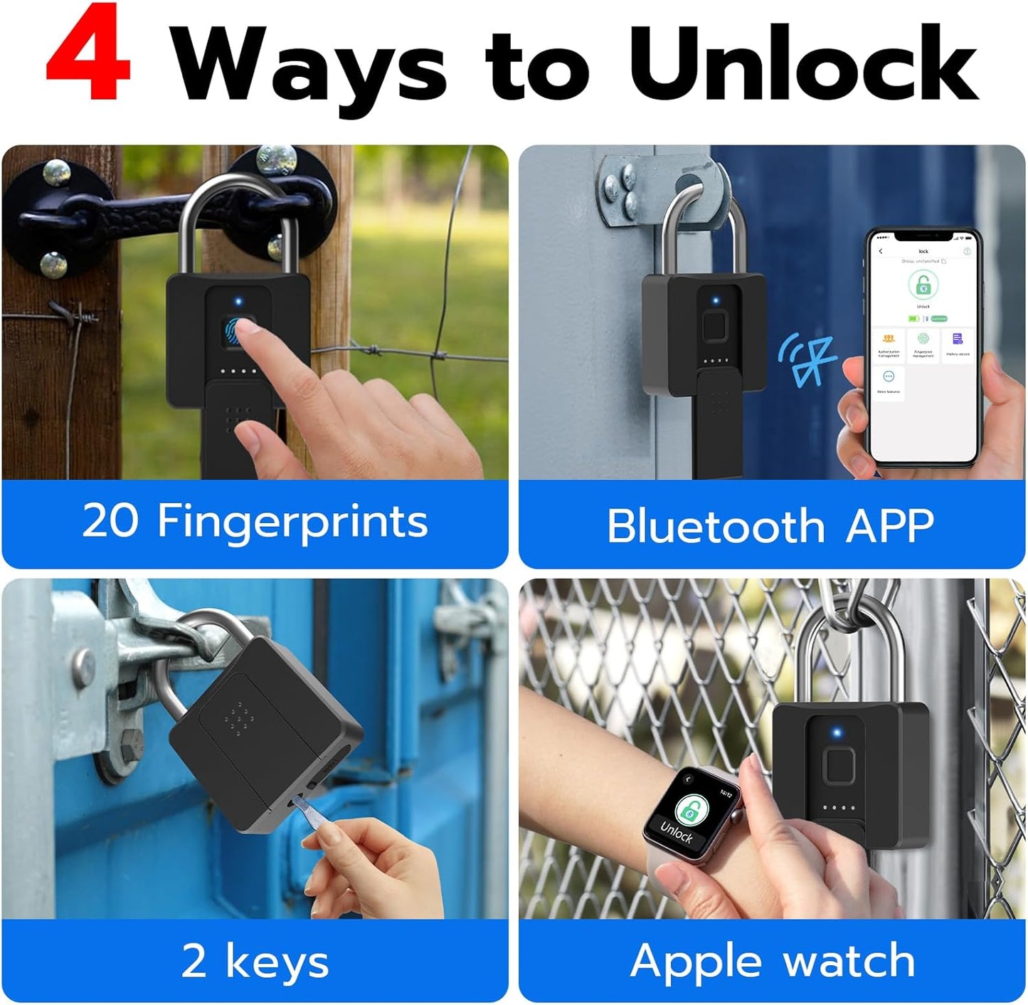 Heavy Duty Waterproof Fingerprint Bluetooth Padlock for Outdoor Security - Ideal for Fence, Gate, Shed, Warehouse, Gym, and Yard Storage - WildKart