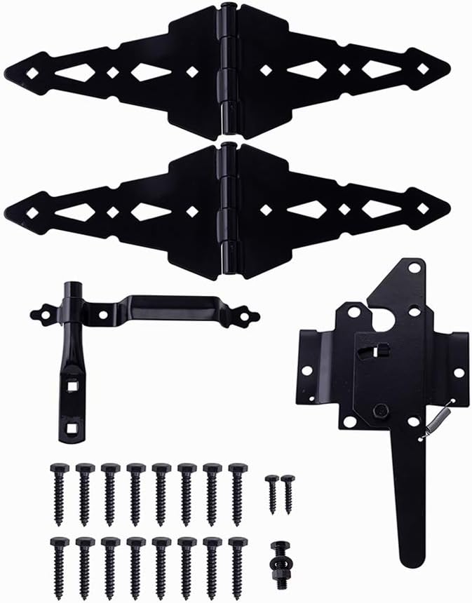Heavy Duty Wood Gate Hardware Set with Decorative Strap Hinges and Spring Loaded Latch - Outdoor Fence Swing Gate Kit (Black Finish, 8") - WildKart