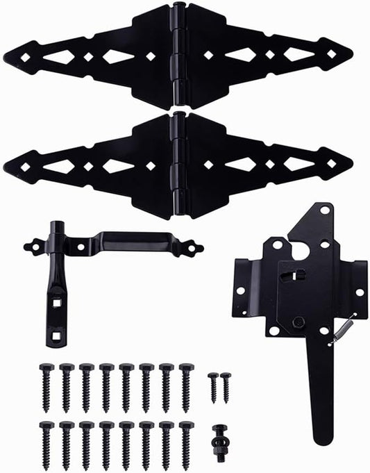 Heavy Duty Wood Gate Hardware Set with Decorative Strap Hinges and Spring Loaded Latch - Outdoor Fence Swing Gate Kit (Black Finish, 8") - WildKart