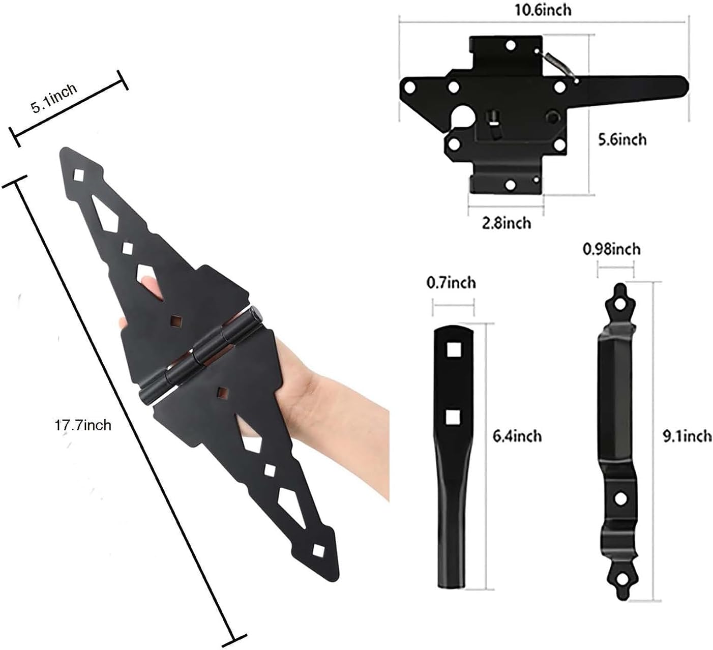 Heavy Duty Wood Gate Hardware Set with Decorative Strap Hinges and Spring Loaded Latch - Outdoor Fence Swing Gate Kit (Black Finish, 8") - WildKart