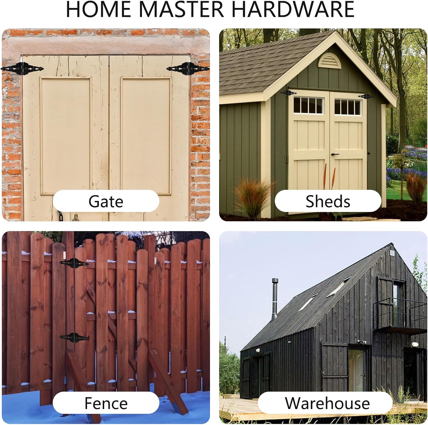 Heavy Duty Wood Gate Hardware Set with Decorative Strap Hinges and Spring Loaded Latch - Outdoor Fence Swing Gate Kit (Black Finish, 8") - WildKart