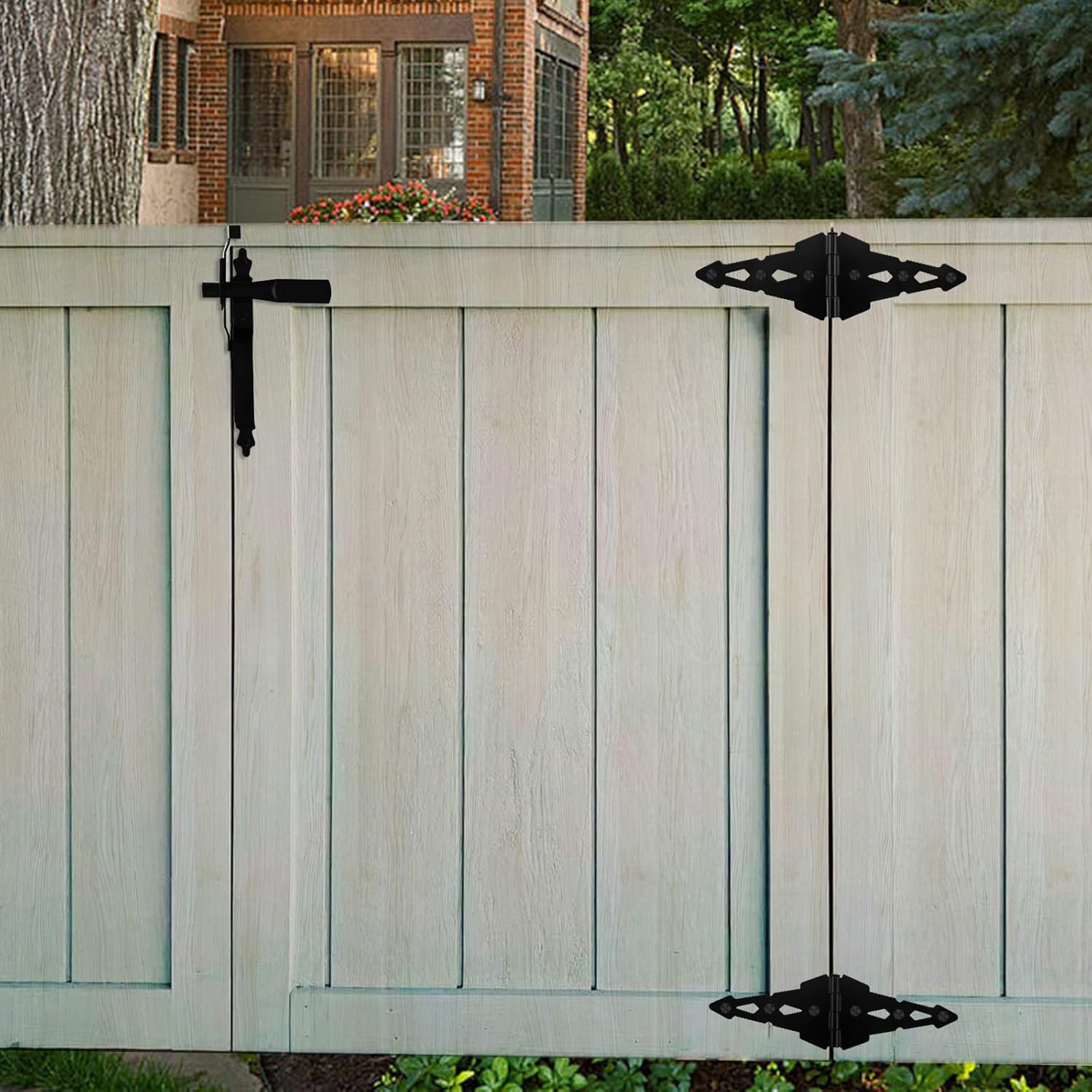 Heavy Duty Wood Gate Hardware Set with Decorative Strap Hinges and Spring Loaded Latch - Outdoor Fence Swing Gate Kit (Black Finish, 8") - WildKart