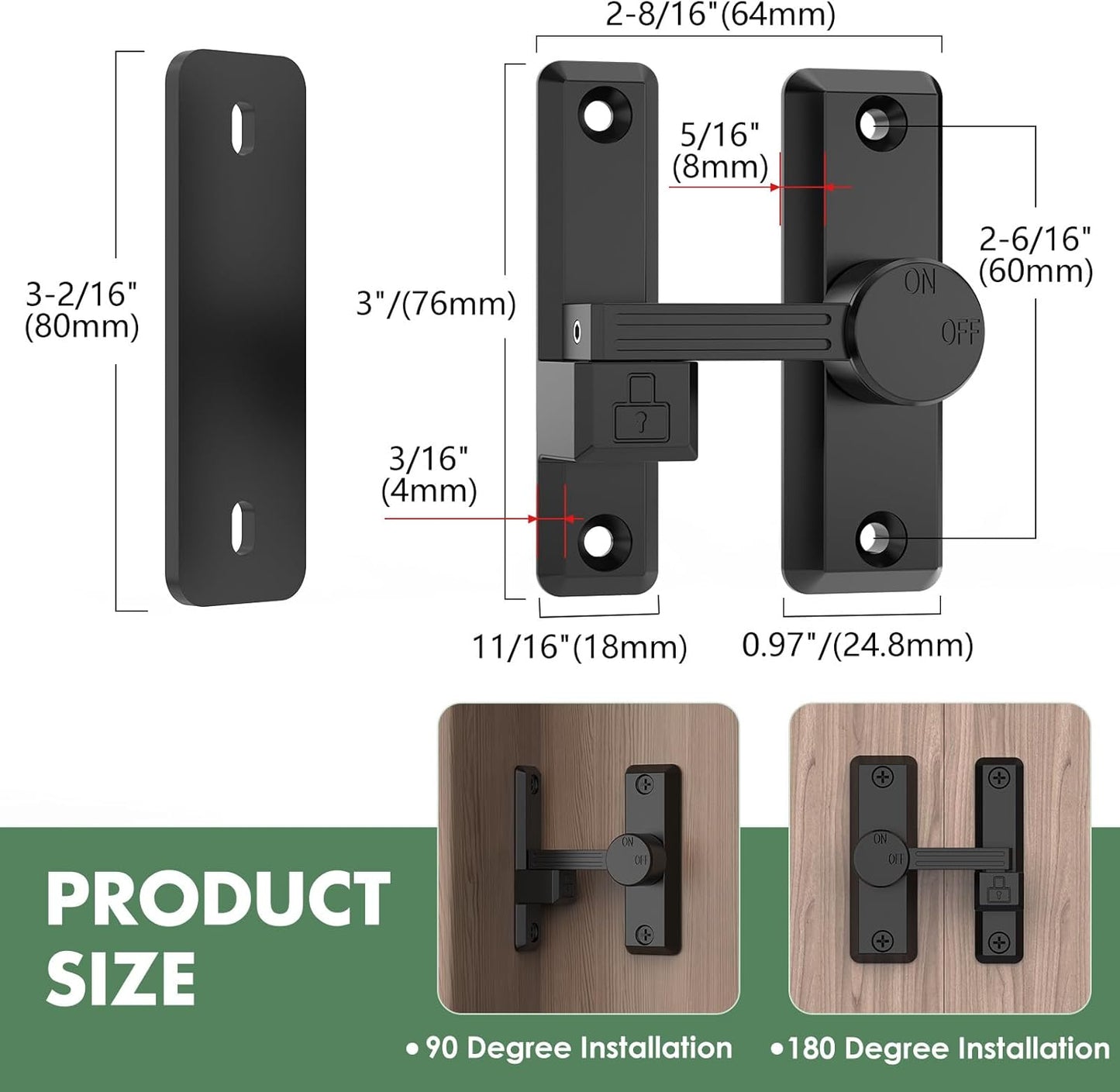 Heavy Duty Zinc Alloy Barn Door Lock Latch for Home Security - 90/180 Degree Flip Sliding Door Lock for Garage, Bedroom, Cabinet - Black - 1 pc