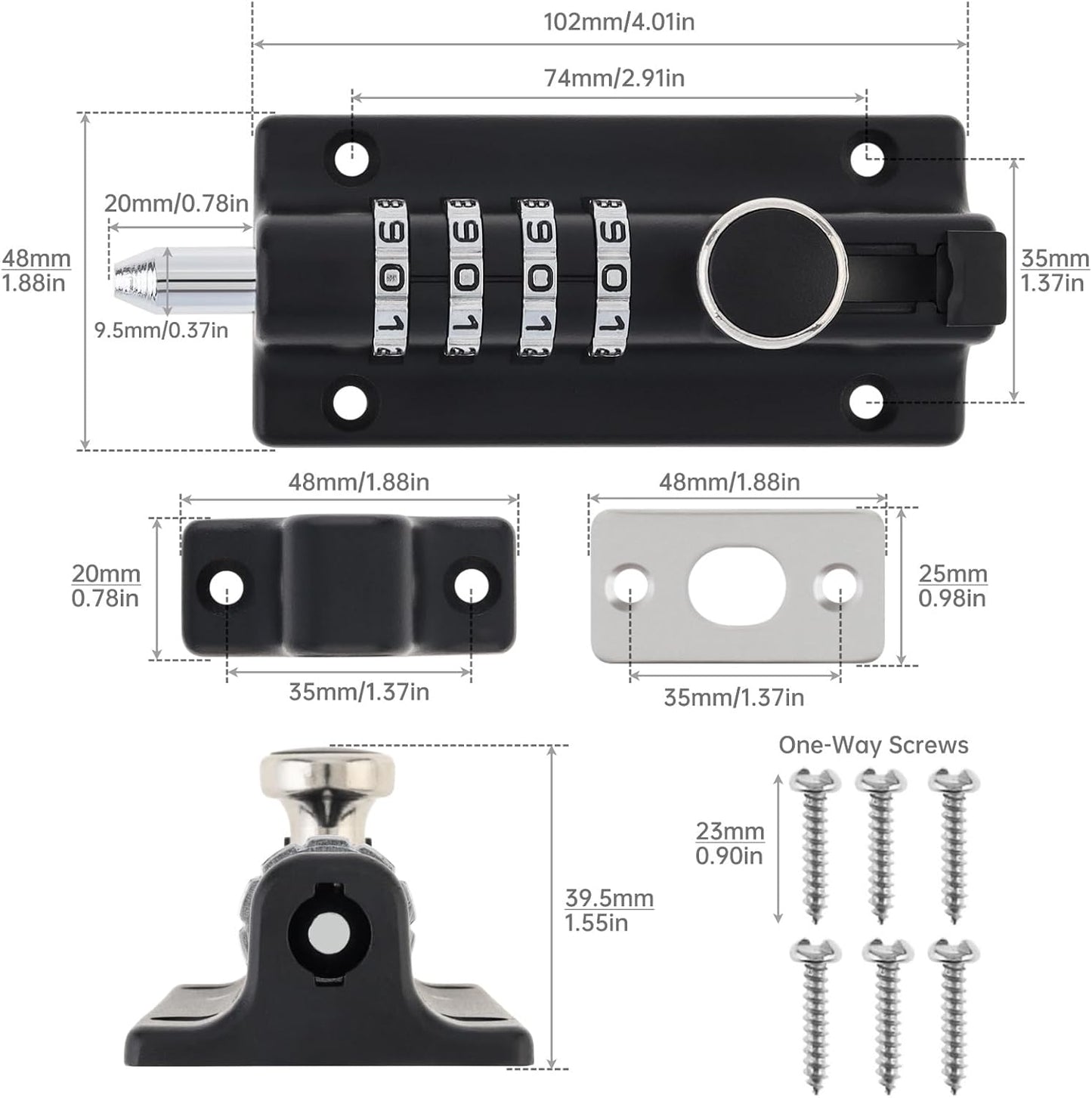 Heavy Duty Zinc Alloy Combination Locking Bolt for Shed Gate Fences - 4 Digit Combination Door Security Slide Latch Lock (Black)