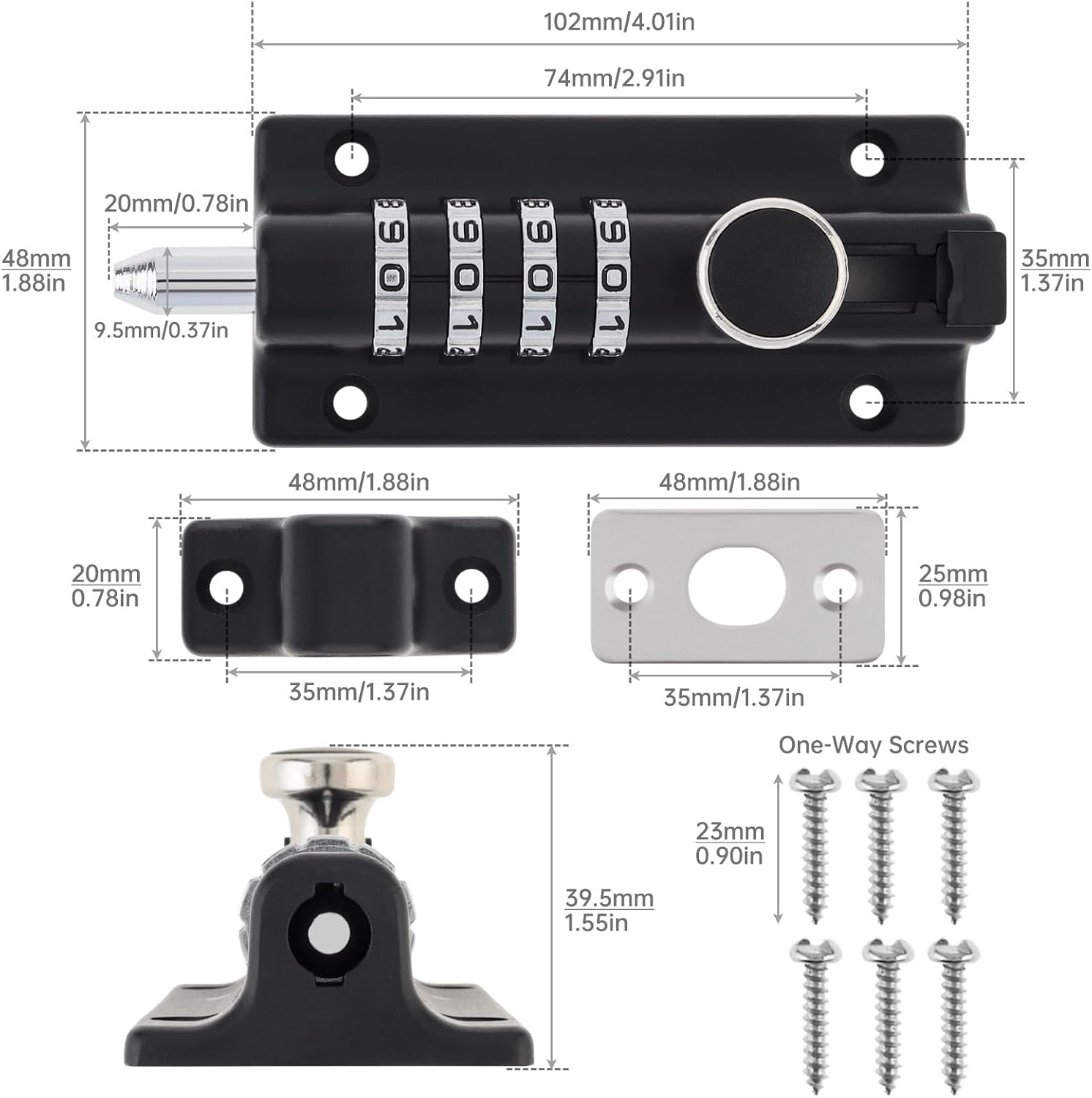 Heavy Duty Zinc Alloy Combination Locking Bolt for Shed Gate Fences - 4 Digit Combination Door Security Slide Latch Lock (Black)