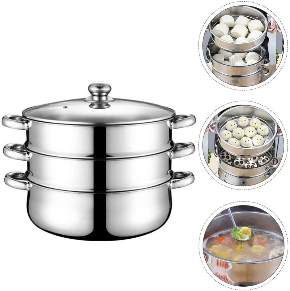 Hemoton 3 Tier Stainless Steel Steamer Pot with Lid and Vegetable Steamer Basket - Large 28cm Stock Pot for Soup and Sauces