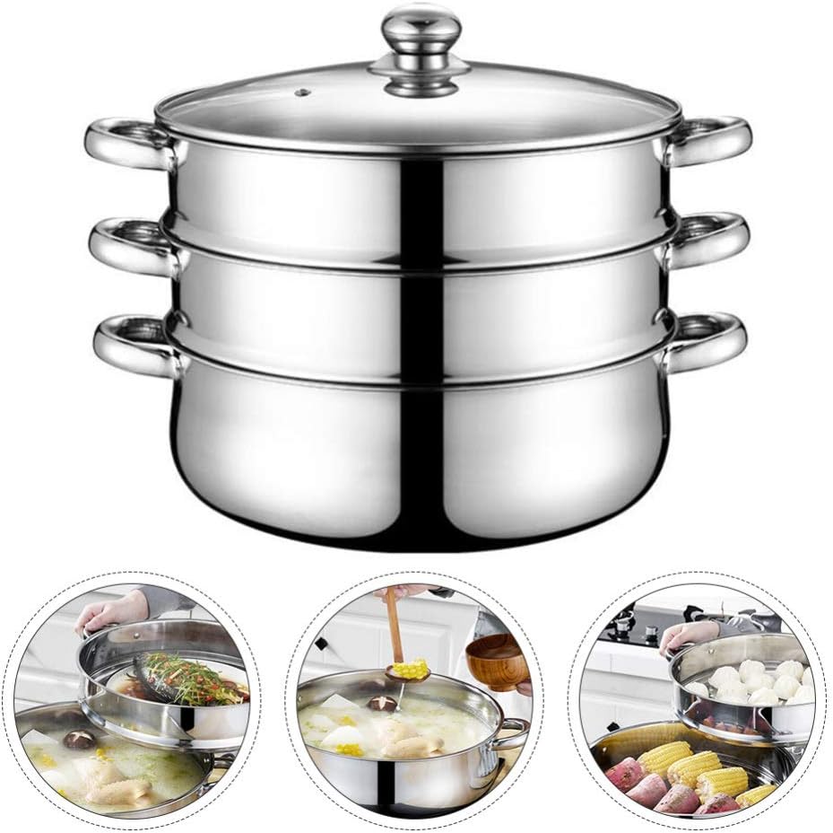 Hemoton 3 Tier Stainless Steel Steamer Pot with Lid and Vegetable Steamer Basket - Large 28cm Stock Pot for Soup and Sauces
