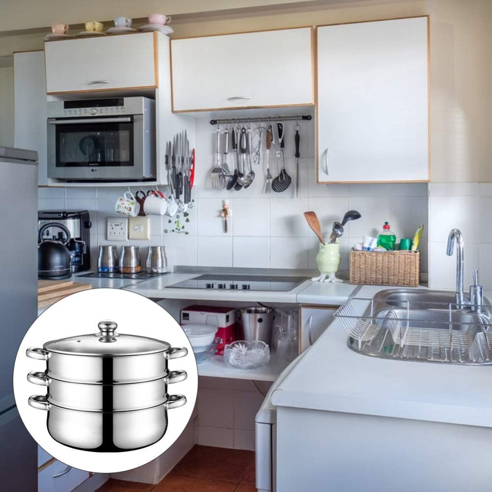 Hemoton 3 Tier Stainless Steel Steamer Pot with Lid and Vegetable Steamer Basket - Large 28cm Stock Pot for Soup and Sauces