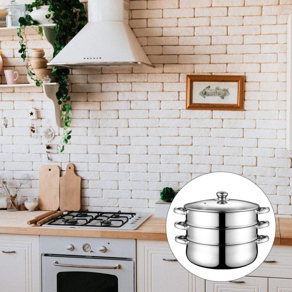 Hemoton 3 Tier Stainless Steel Steamer Pot with Lid and Vegetable Steamer Basket - Large 28cm Stock Pot for Soup and Sauces