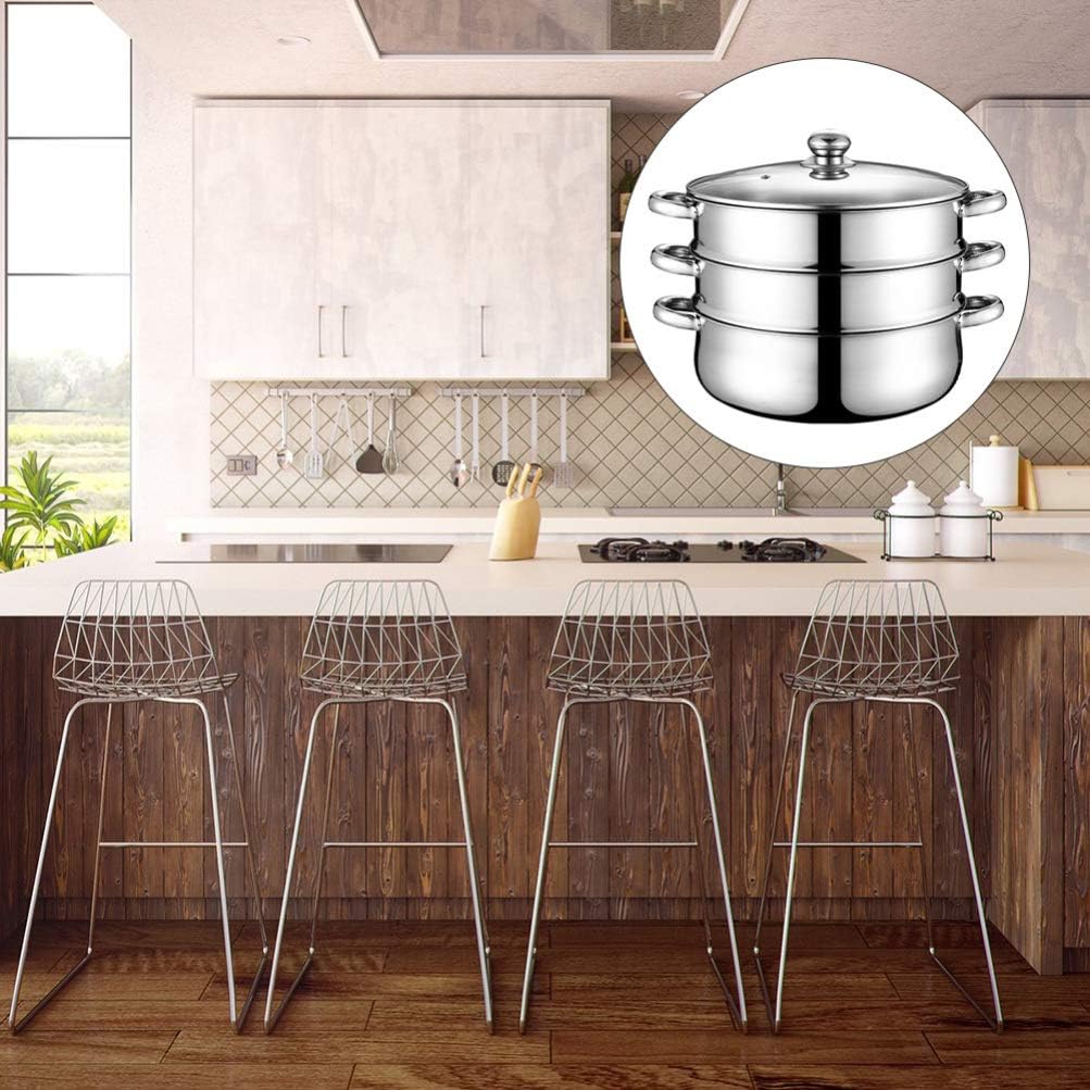 Hemoton 3 Tier Stainless Steel Steamer Pot with Lid and Vegetable Steamer Basket - Large 28cm Stock Pot for Soup and Sauces