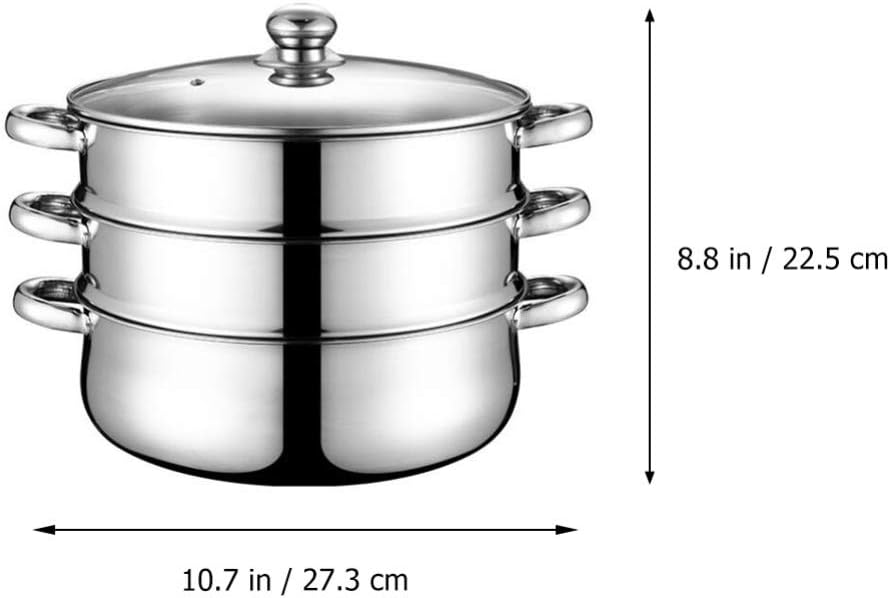 Hemoton 3 Tier Stainless Steel Steamer Pot with Lid and Vegetable Steamer Basket - Large 28cm Stock Pot for Soup and Sauces