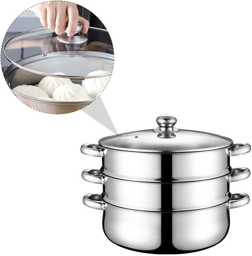 Hemoton 3 Tier Stainless Steel Steamer Pot with Lid and Vegetable Steamer Basket - Large 28cm Stock Pot for Soup and Sauces