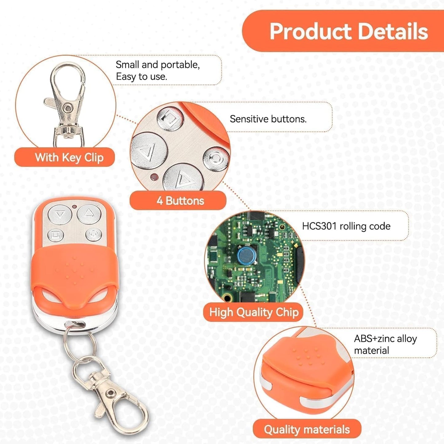 HERCHR Automatic Door Remote Control for Chicken Coop Doors - Portable Electric Rolling Driveway Gate Opener with HCS301 Sliding Gate Control Remote Key Fob (2, Orange)