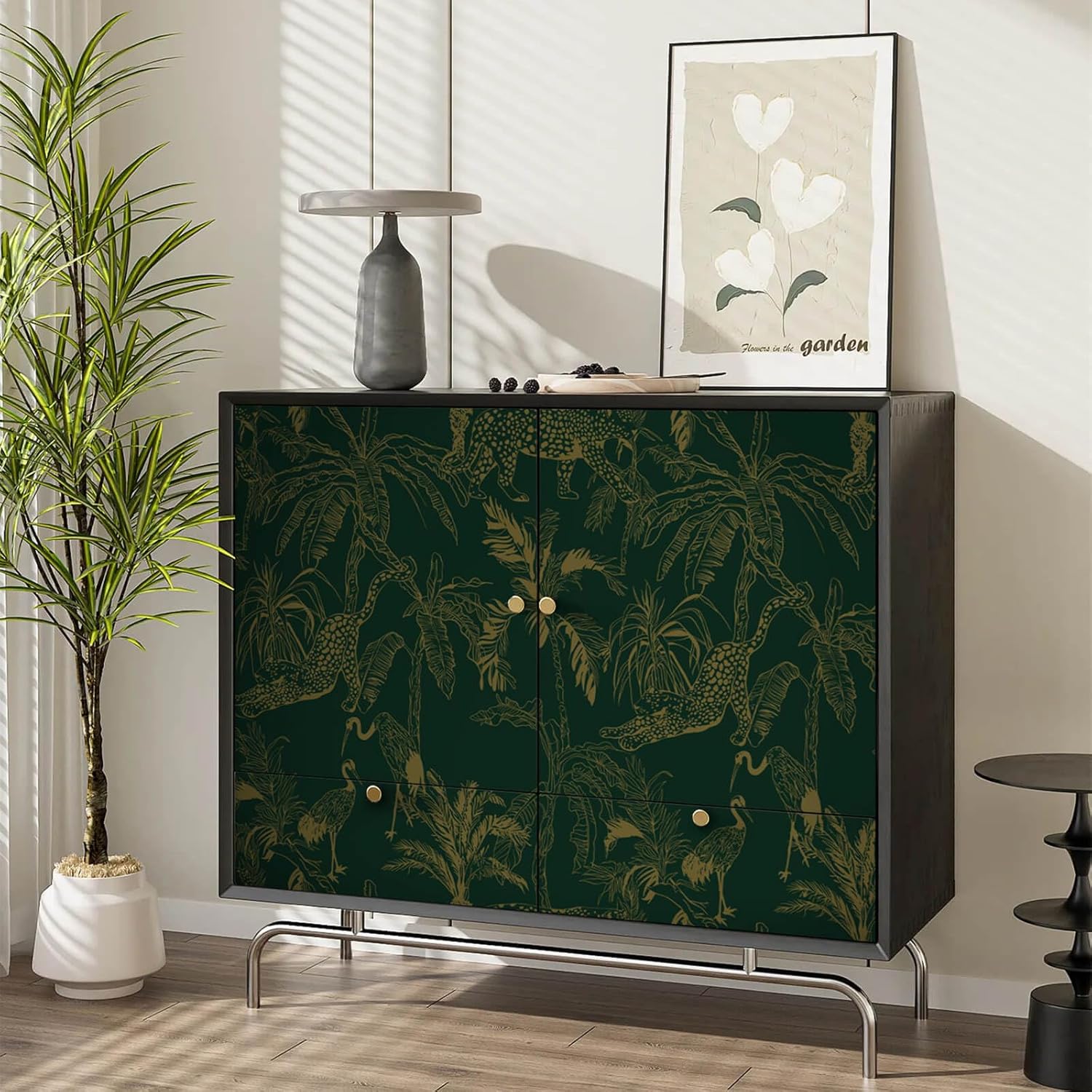 Heroad Brand Peel and Stick Wallpaper in Boho Dark Green and Gold Cheetah Jungle Design - Removable Waterproof Contact Paper for Cabinets - 17.3"x78.7