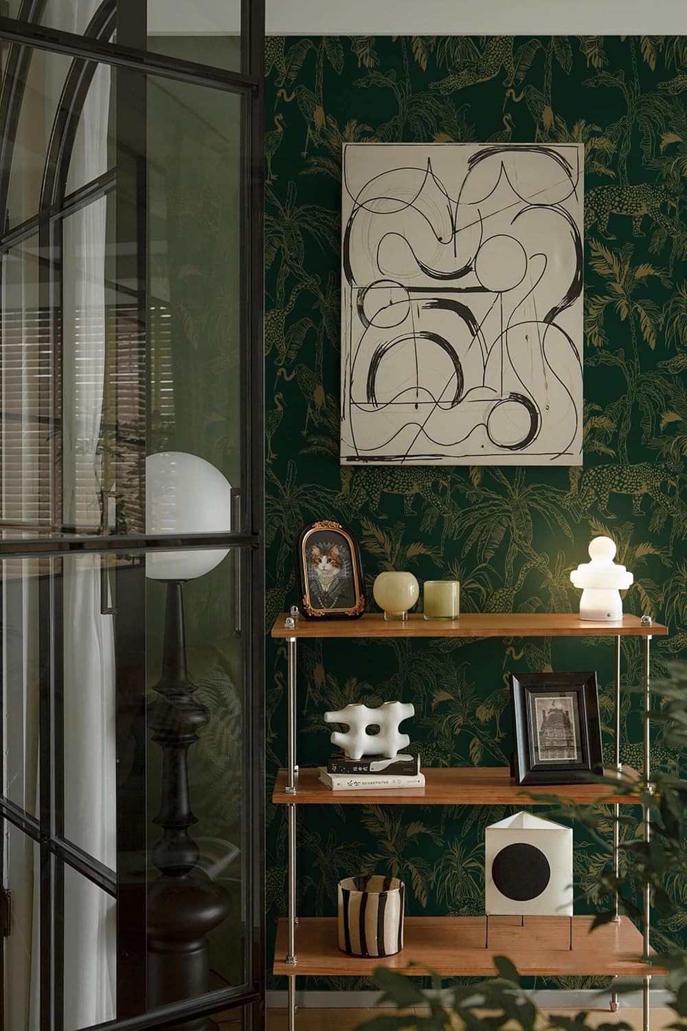 Heroad Brand Peel and Stick Wallpaper in Boho Dark Green and Gold Cheetah Jungle Design - Removable Waterproof Contact Paper for Cabinets - 17.3"x78.7